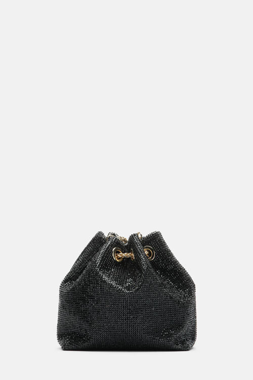 Black sparkly mesh drawstring pouch bag with gold-toned chain drawstring and eyelets.
