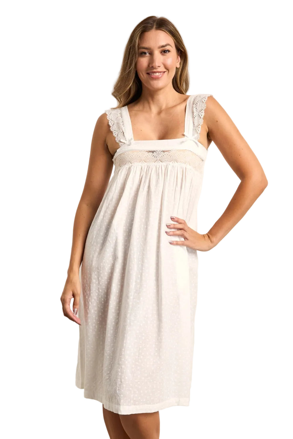 Cream strappy nightdress with wide lace-trimmed straps, small bows, and a horizontal lace panel across the bust.