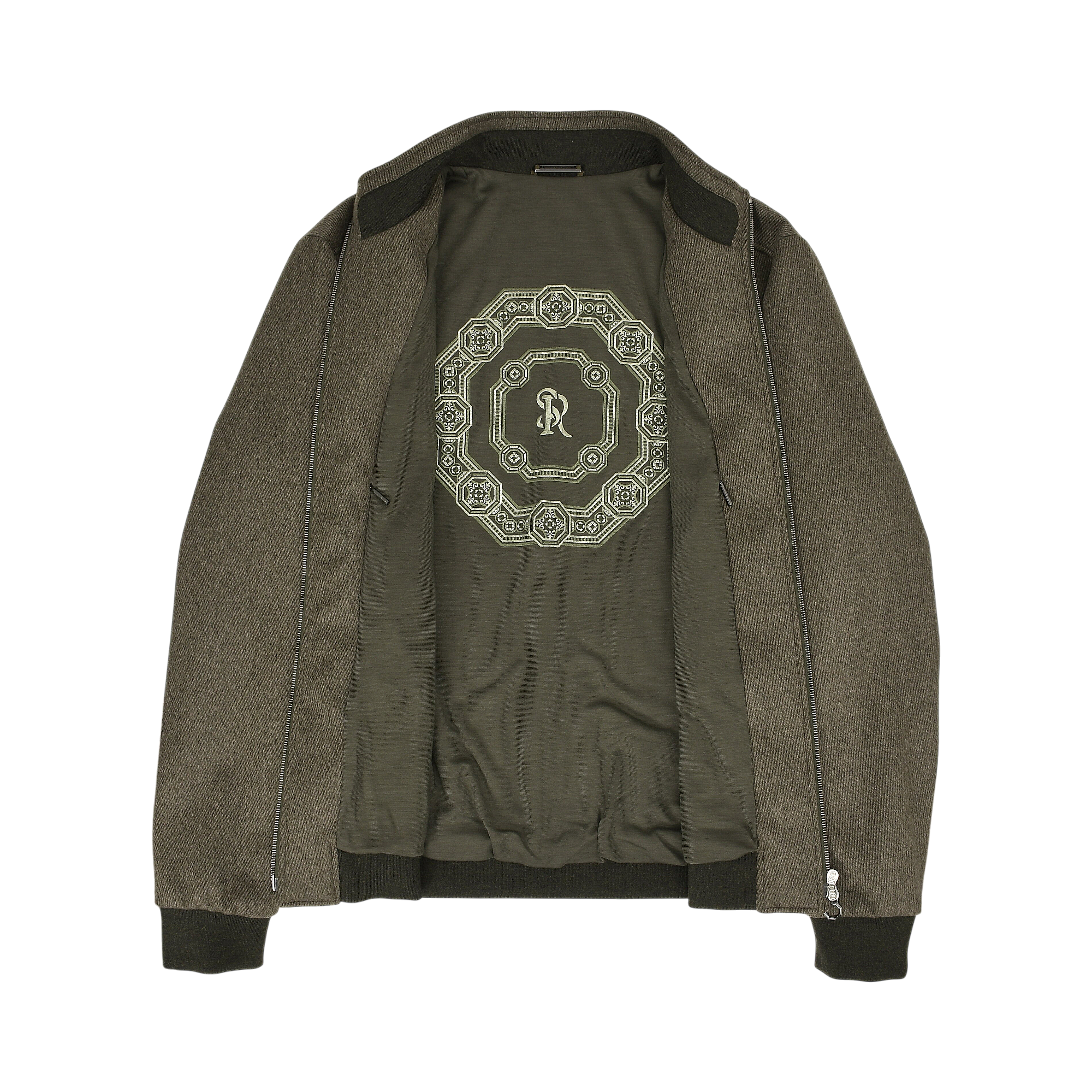 Dark green herringbone sport jacket with ribbed trim. Open, revealing a dark green lining with a large light "R" pattern.