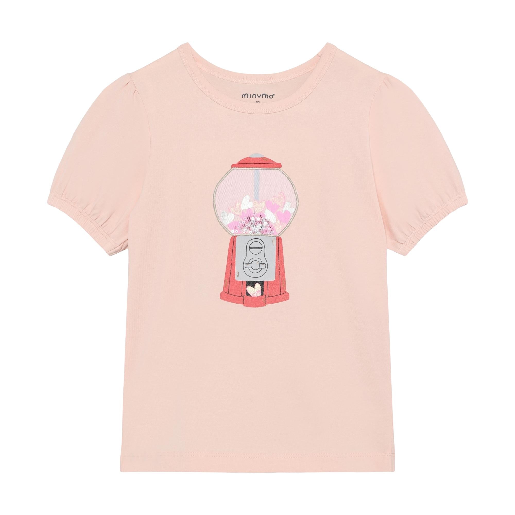 Peach short sleeve t-shirt for kids with a round neckline and a gumball machine graphic print featuring hearts and glitter.