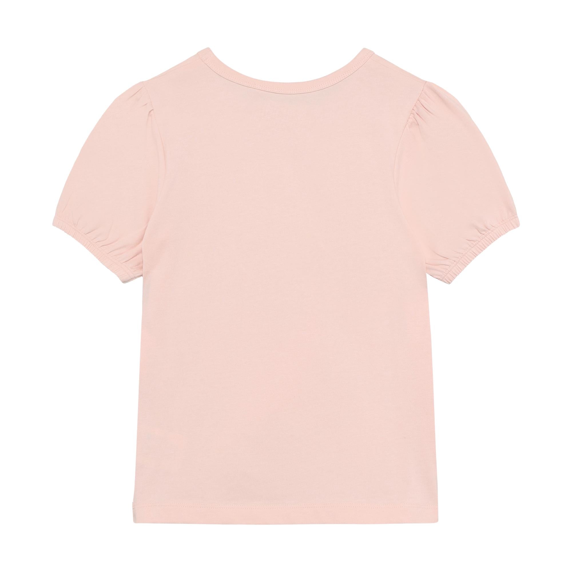 Peach round neck t-shirt with short puffed sleeves gathered at the shoulders and cuffs. Back view.