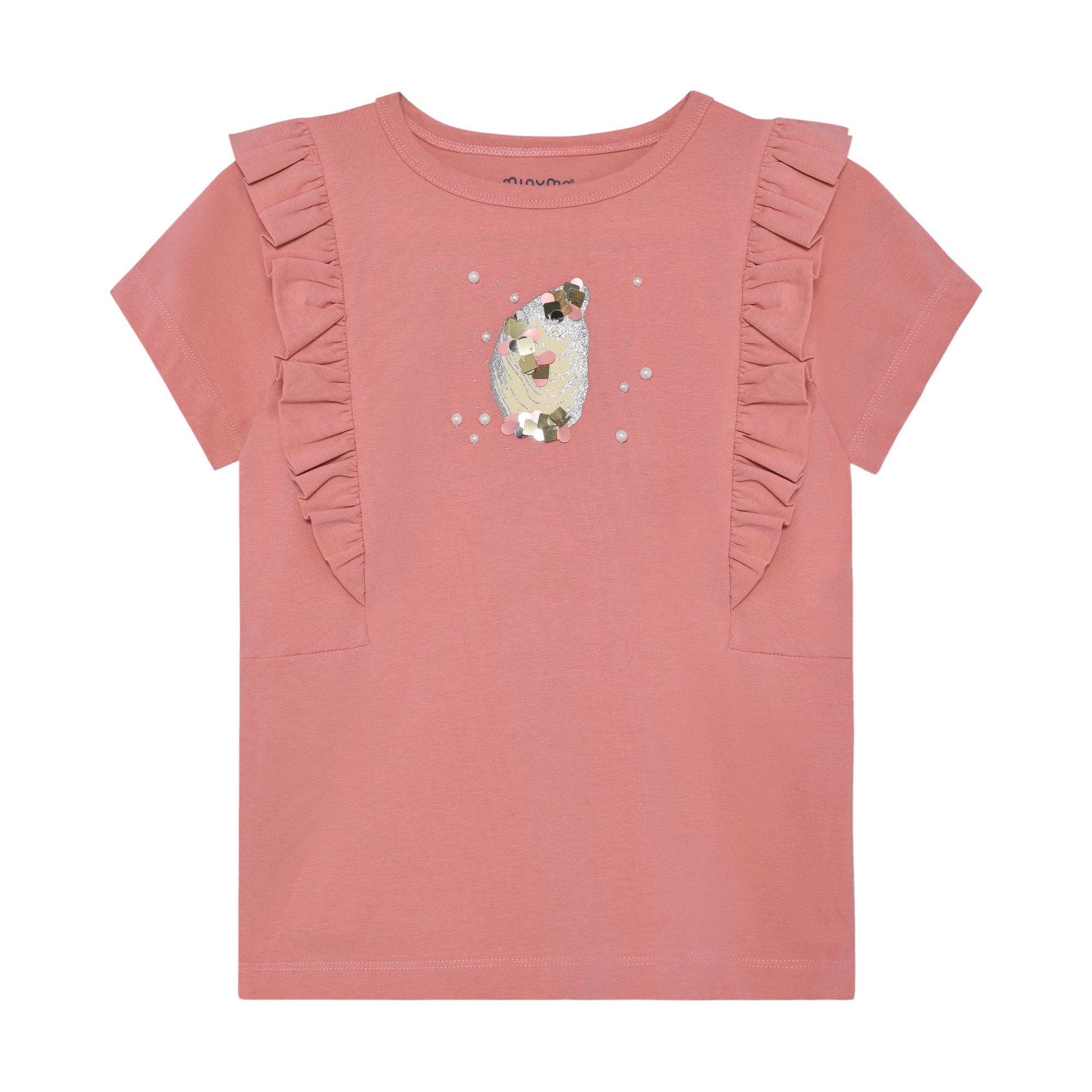 Pink short-sleeved kids' t-shirt with ruffled shoulders and a central sequin and pearl-like bead embellishment.