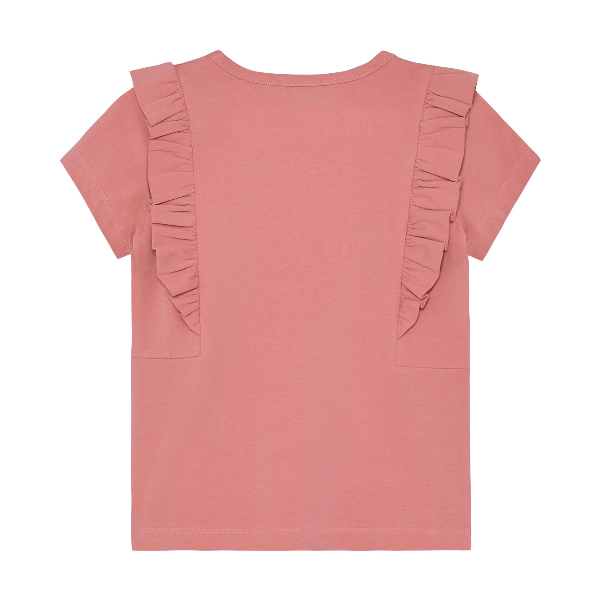 Rose pink short-sleeve t-shirt with a round neck and vertical ruffles on the back.