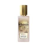 Frosted rectangular perfume bottle with a gold-toned multi-faceted cap and a gold and white scenic label.