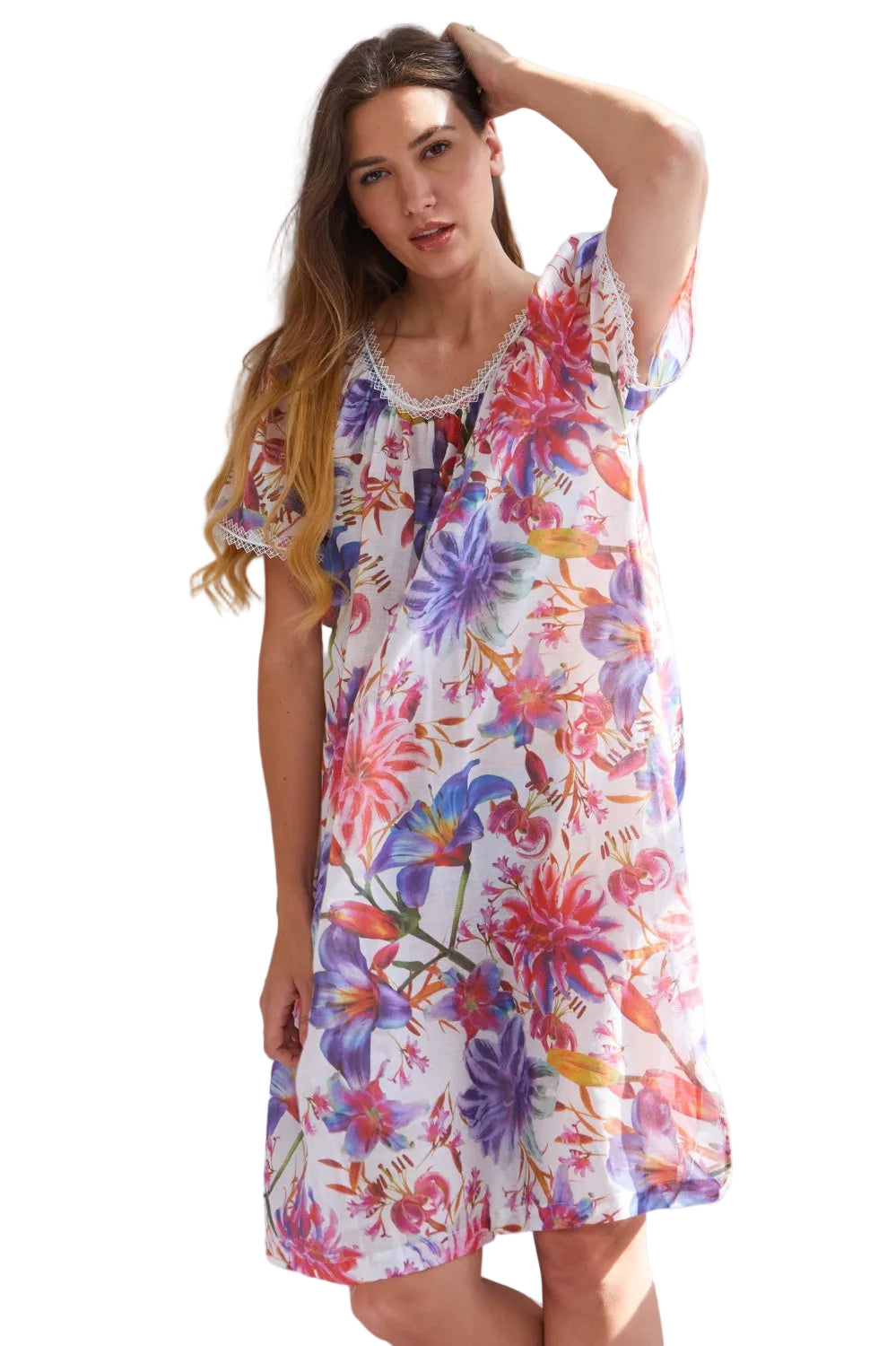 White cotton voile lounger nightdress with vibrant pink, purple, and blue floral pattern and white lace trim.