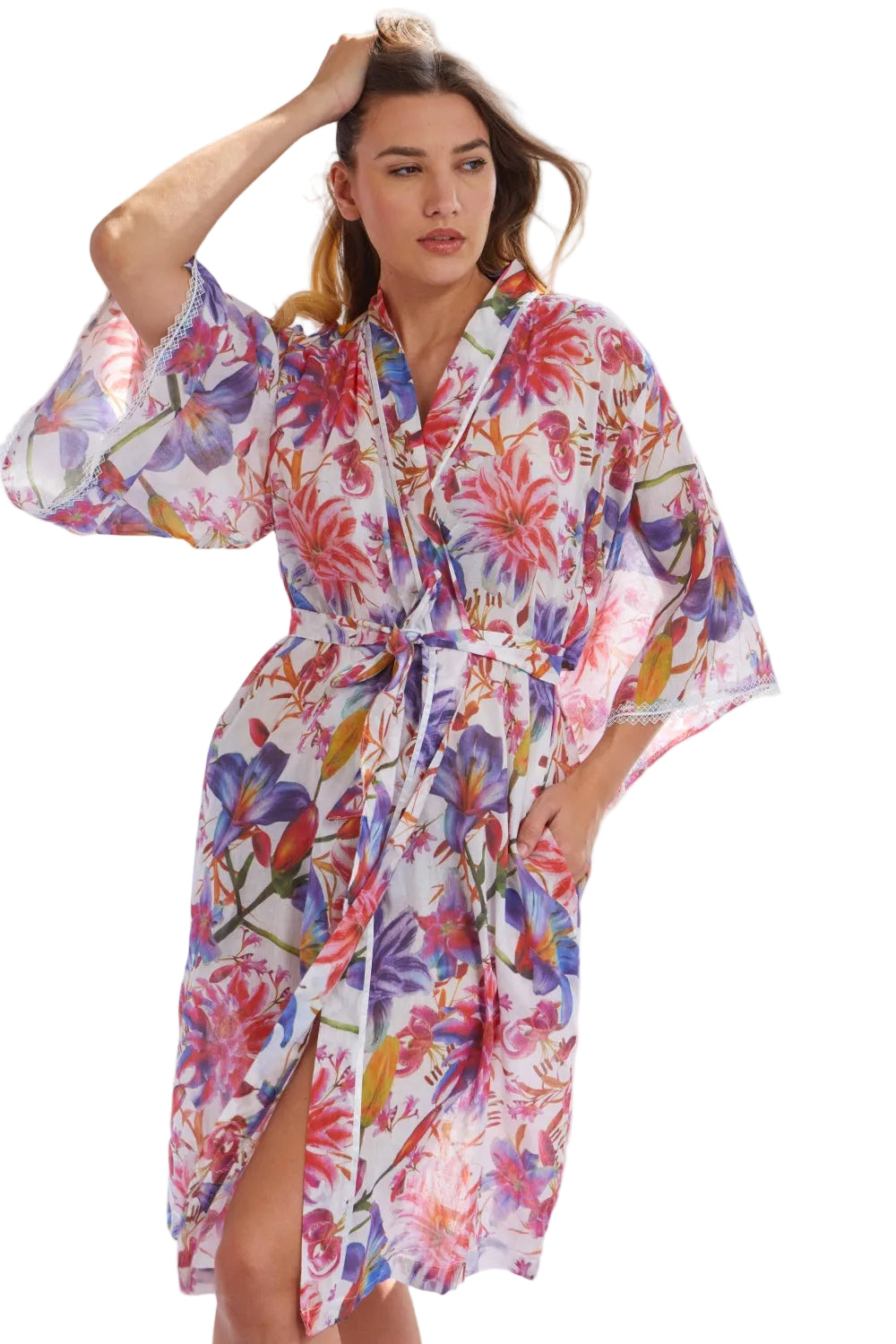 White multi-colour floral print cotton voile kimono wrapover robe with wide sleeves, self-tie belt, and lace trim.