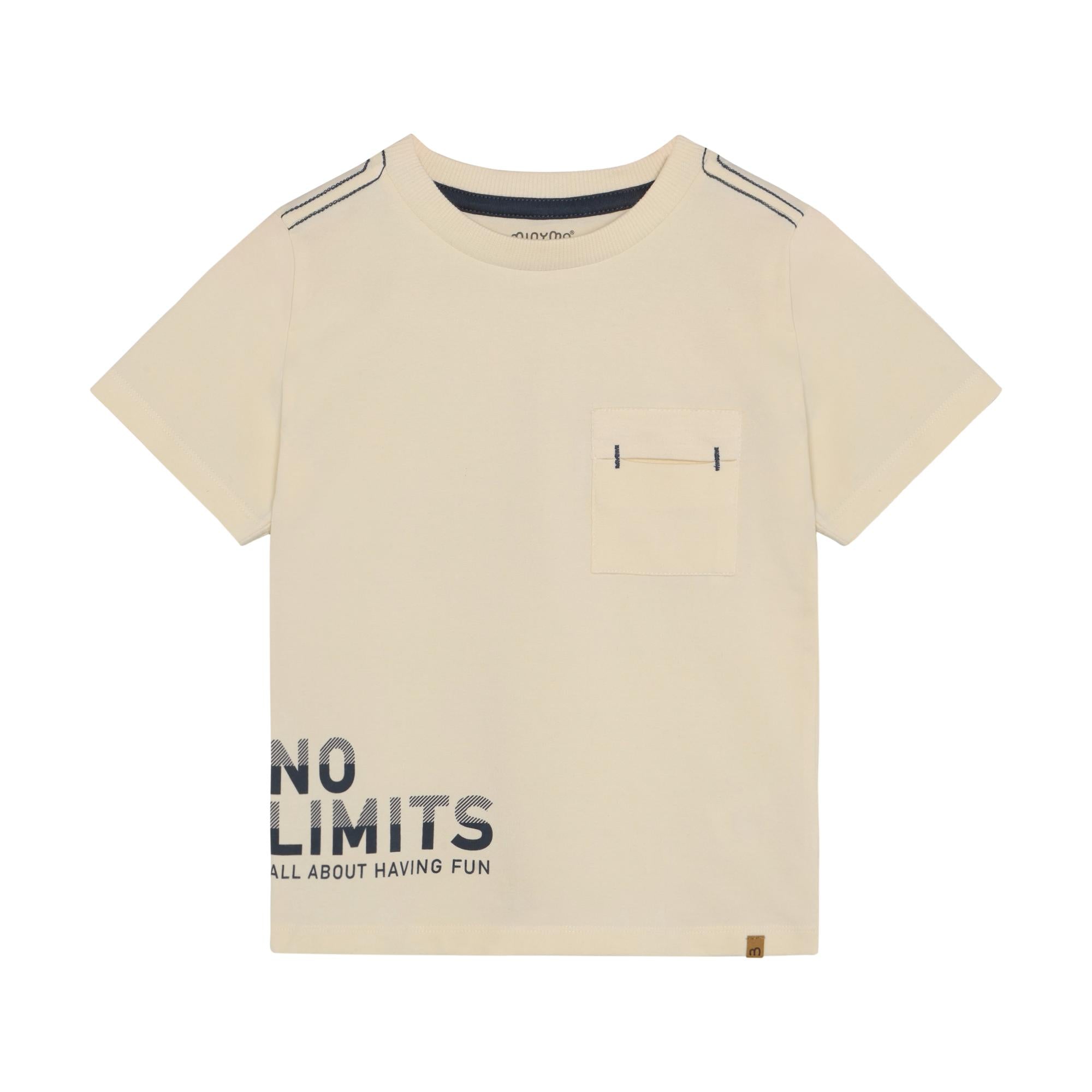 Minymo Kids short sleeve t-shirt in cream with a ribbed crew neck, shoulder stitching, chest pocket, and "NO LIMITS" graphic.