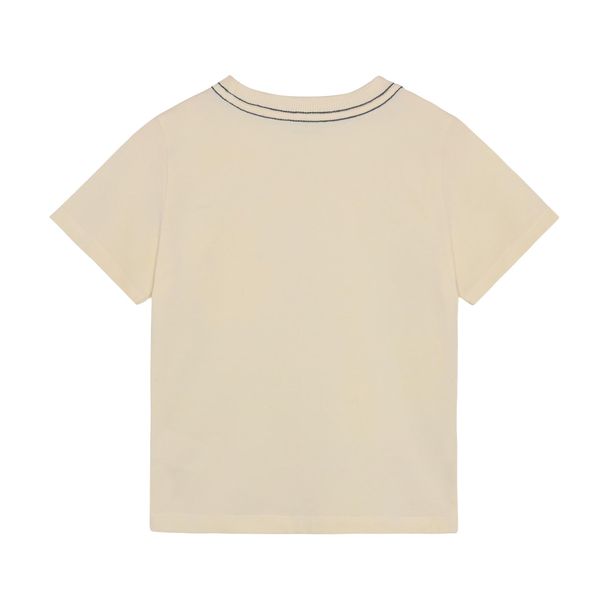 Off-white short-sleeved t-shirt with two thin dark blue stripes on the back of the collar.