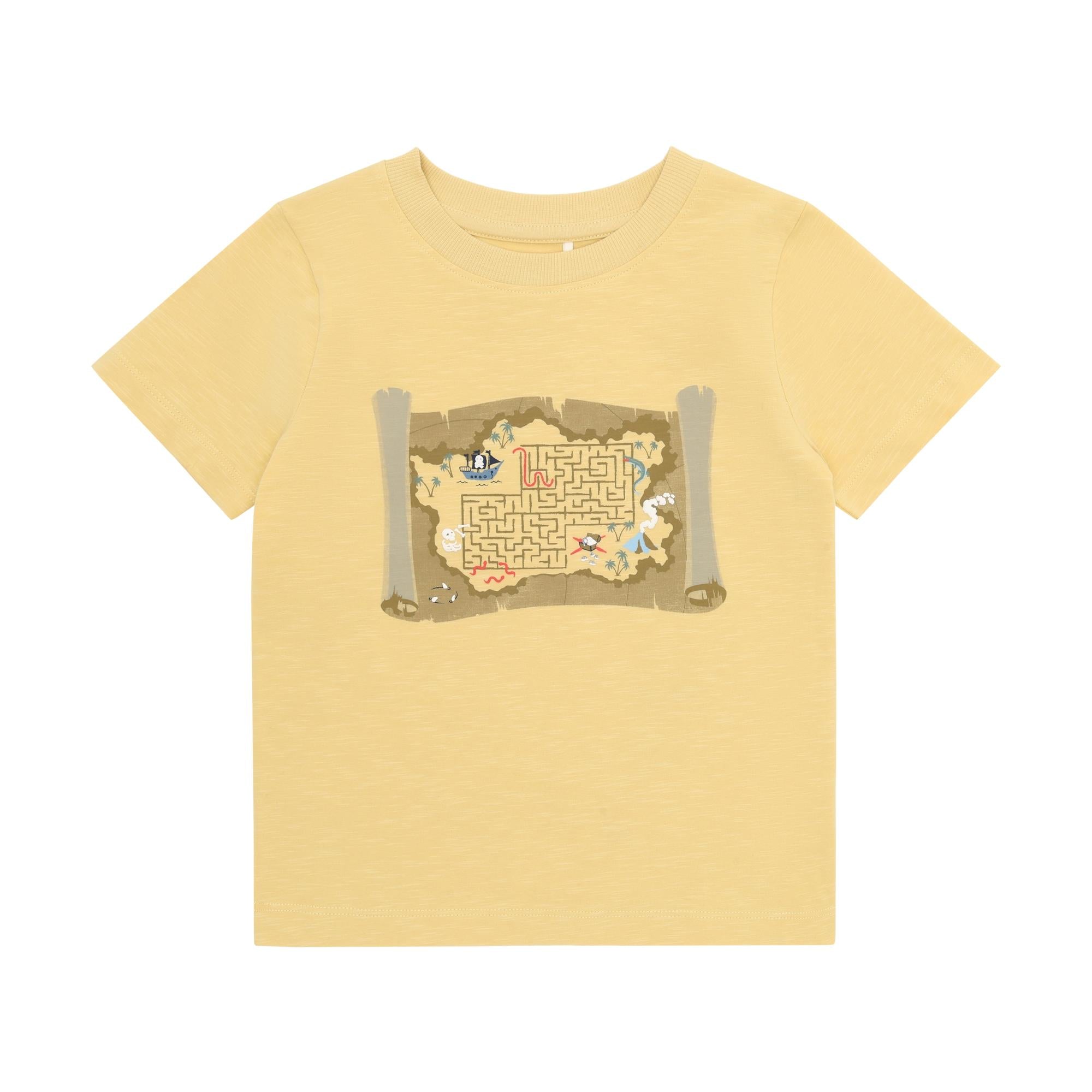 Yellow short-sleeved t-shirt with a crew neck and a front graphic of a treasure map maze with a pirate ship and sea monster.