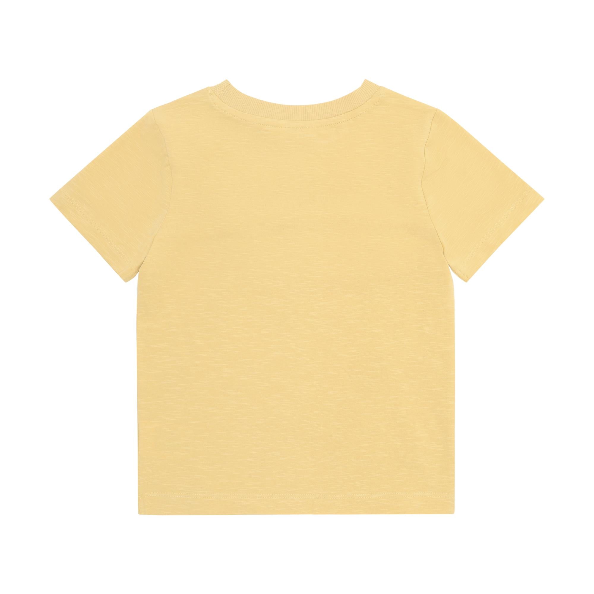Pale yellow short-sleeve t-shirt with a ribbed crew neck and a slightly textured fabric, shown from the back.