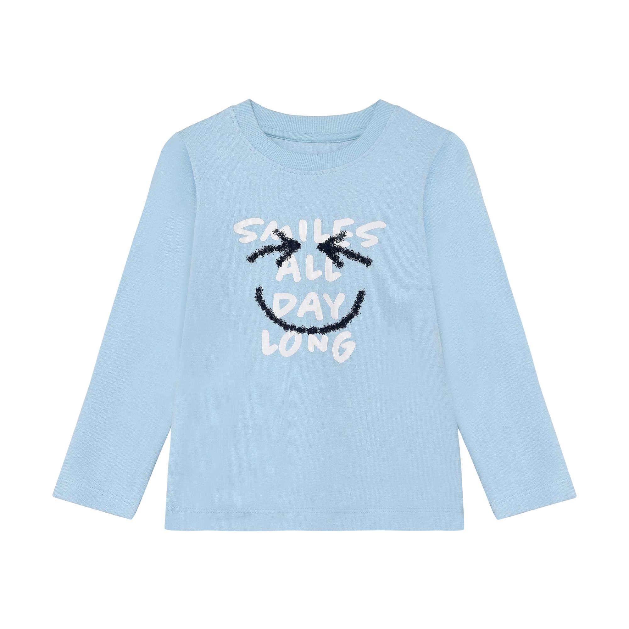 Light blue long sleeve t-shirt with a white and black 'SMILES ALL DAY LONG' smiley face graphic print.
