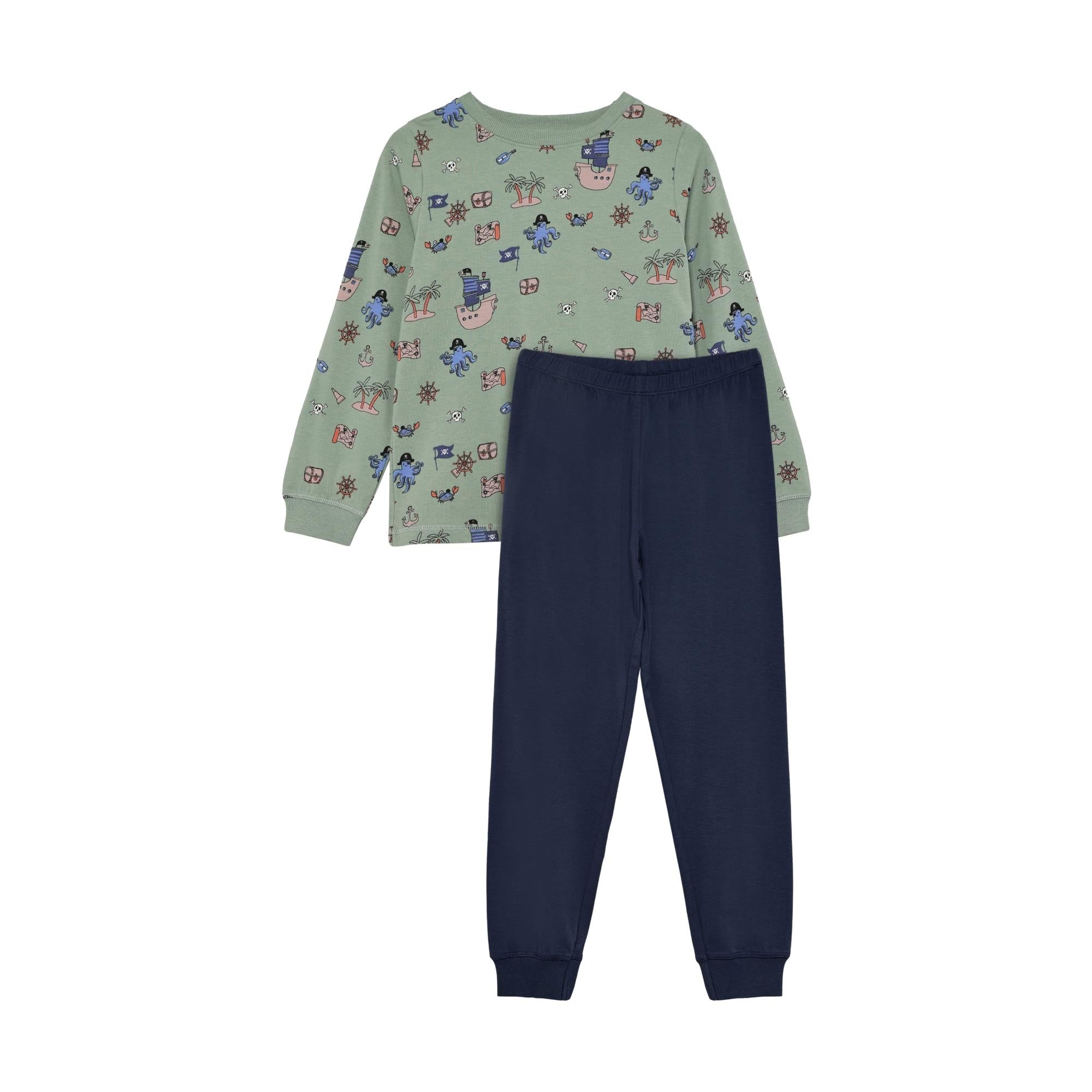 Light green long-sleeve top with pirate-themed print, paired with solid navy long pants with ribbed cuffs.