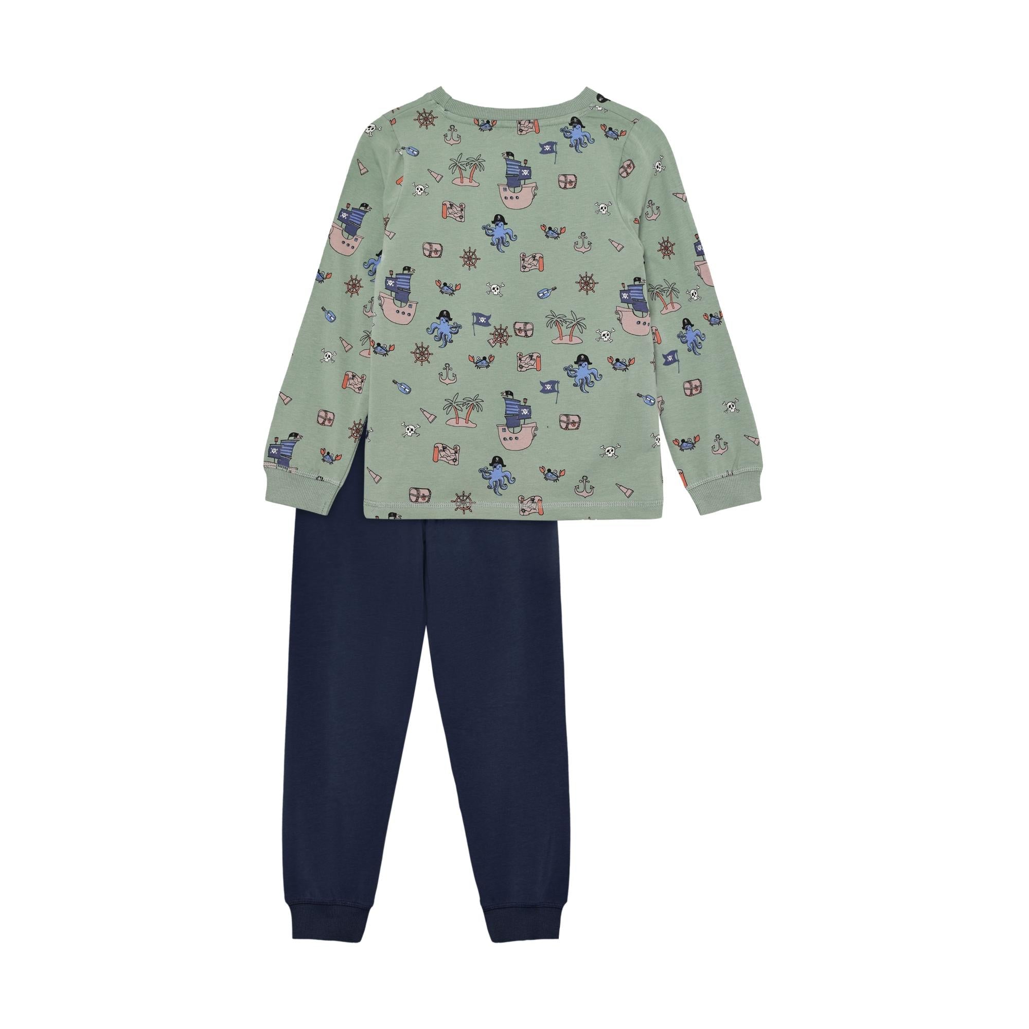 Light green long-sleeved pyjama top with pirate-themed print and navy blue pyjama trousers with ribbed cuffs.