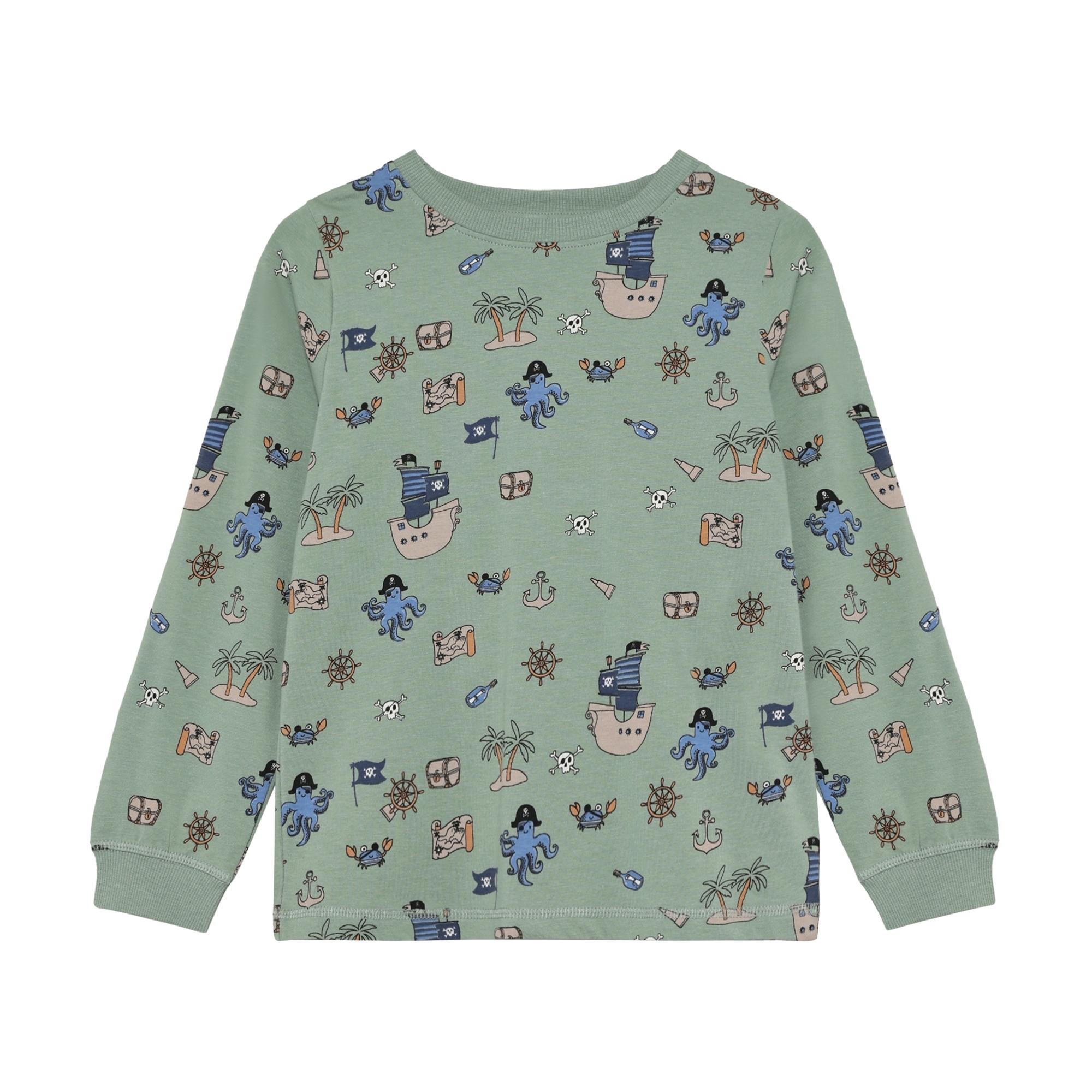 Sage green long-sleeve top with a crew neck and ribbed cuffs, featuring an all-over pirate-themed print.