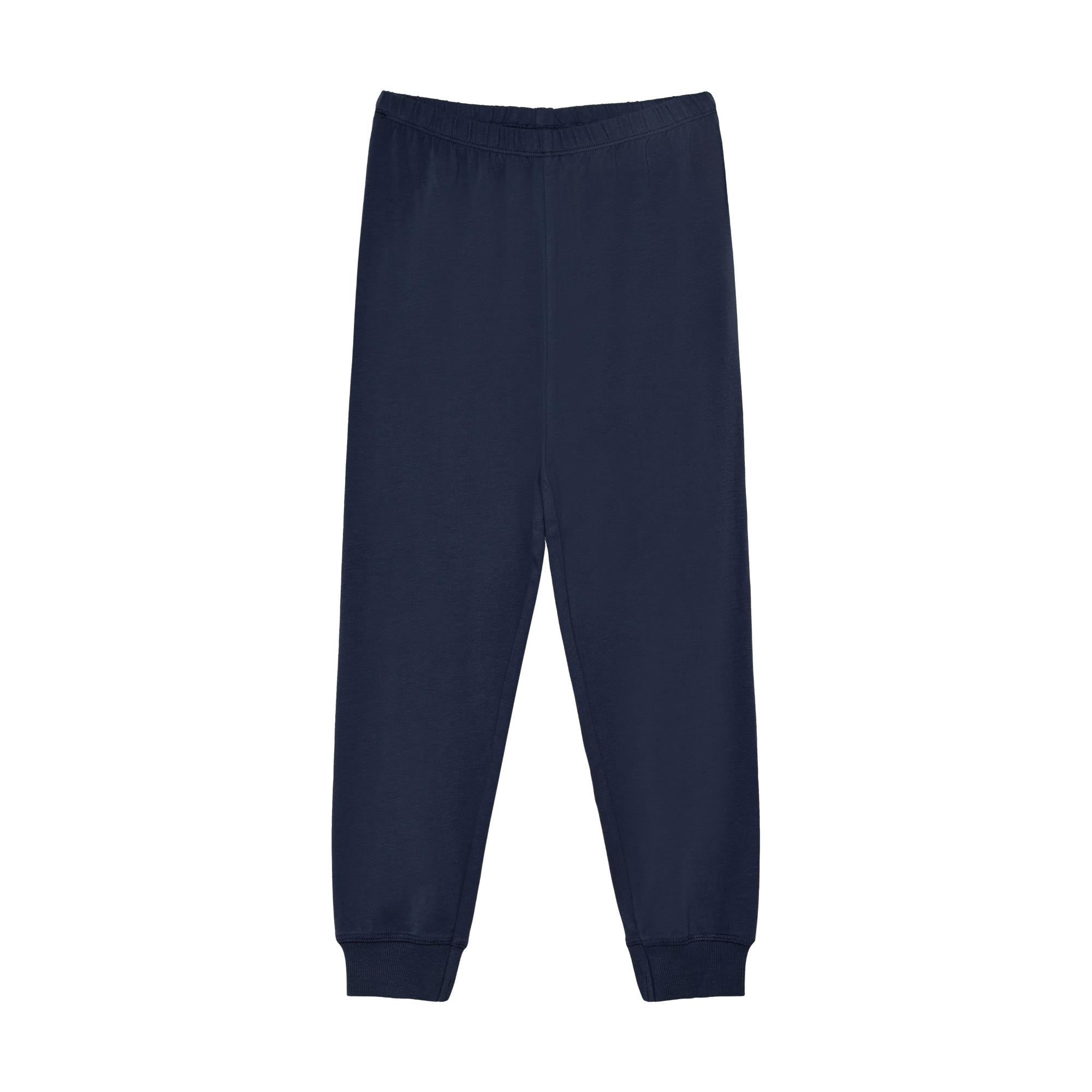 Navy blue pajama pants with an elastic waist and ribbed ankle cuffs.