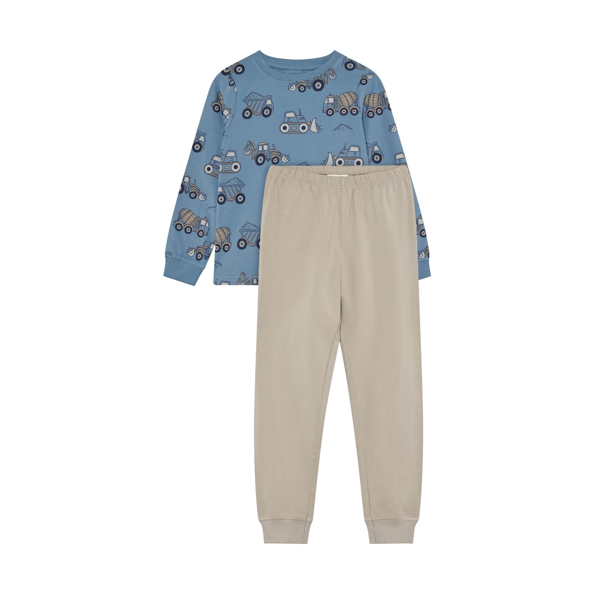 Blue long-sleeved pyjama top with construction vehicle print and light beige cuffed pyjama bottoms with elasticated waist.