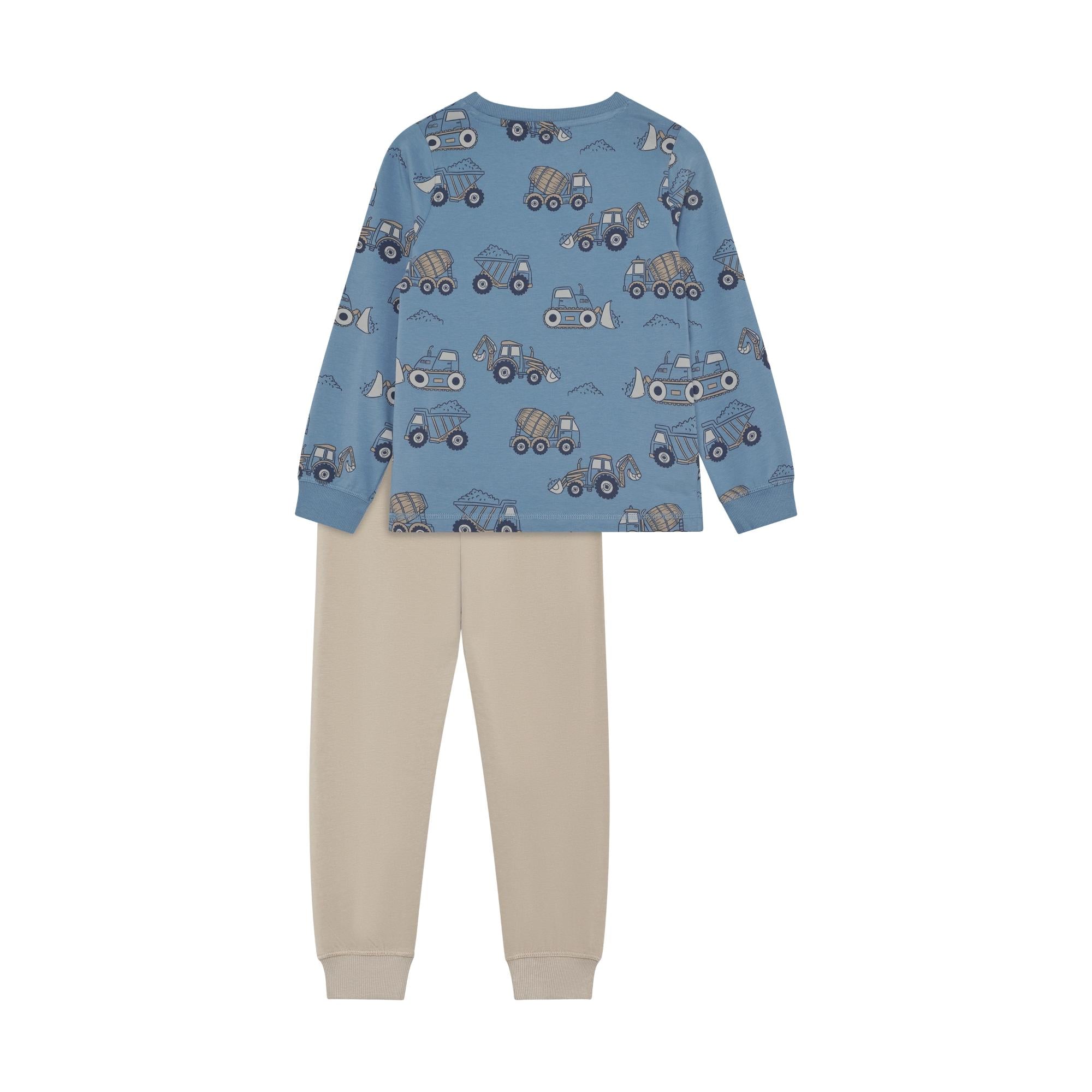 Light blue long-sleeved pyjama top with construction vehicle print and plain beige long pyjama bottoms.