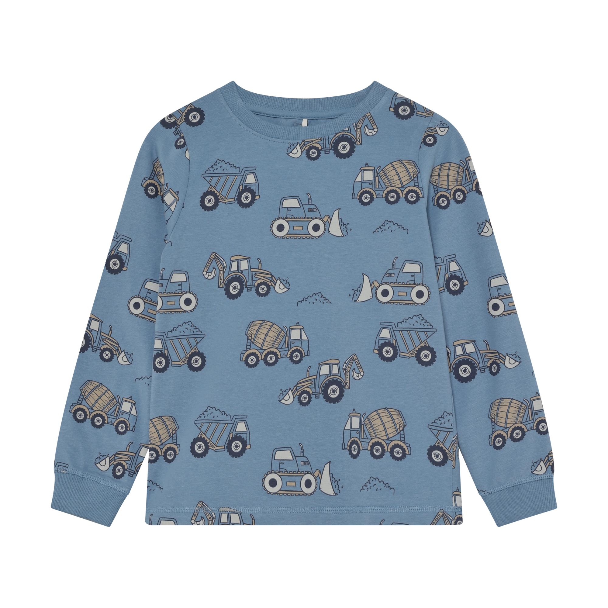 Blue long-sleeved crew neck top with an all-over print of blue and brown construction vehicles and dirt mounds.