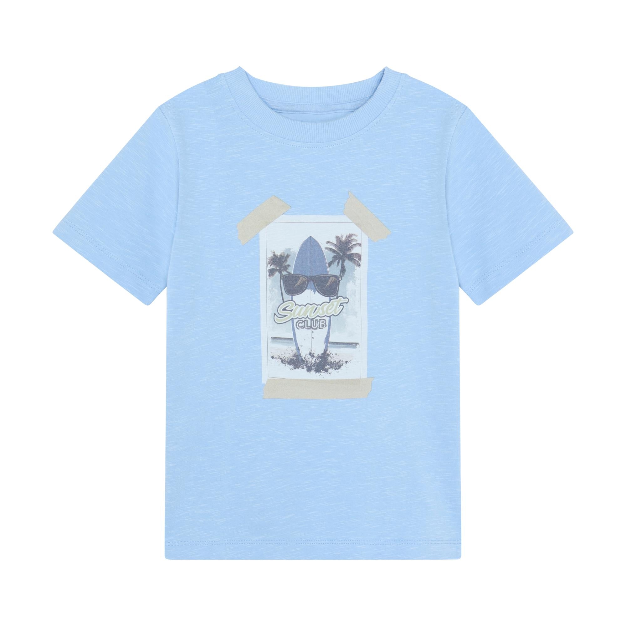 Light blue short-sleeved T-shirt with a graphic print of a surfboard wearing sunglasses and palm trees.