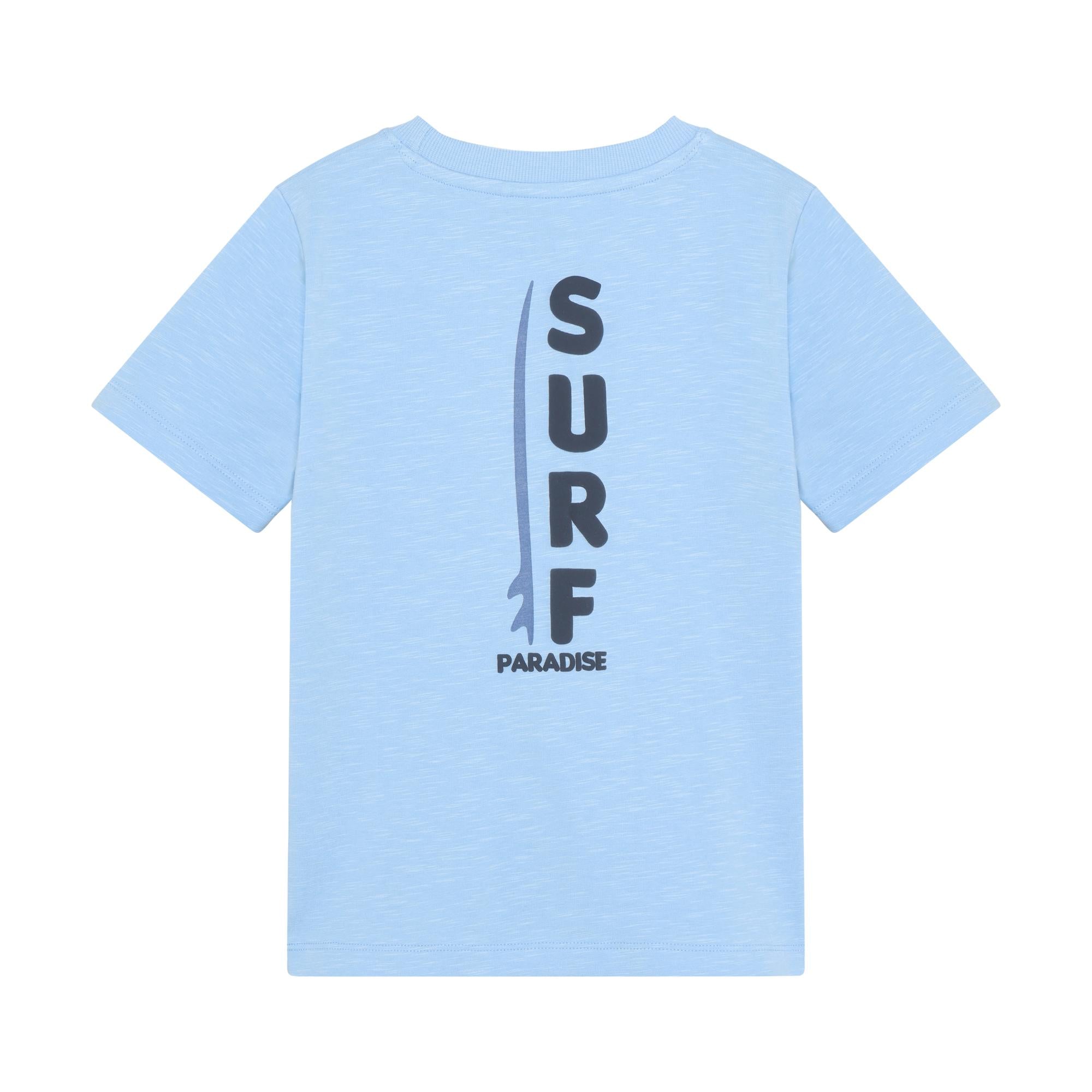 Light blue short-sleeved t-shirt with a dark grey "SURF" graphic and a light blue surfboard on the back, with "PARADISE" belo