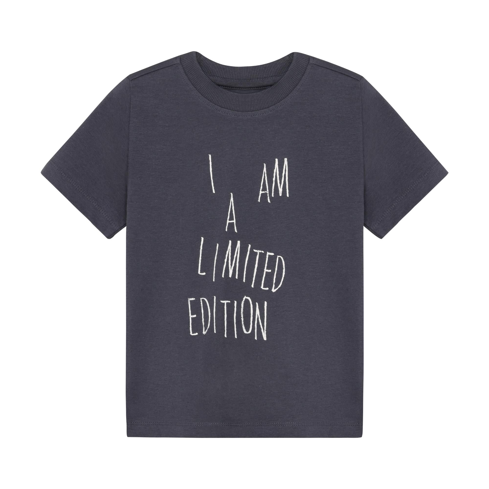 Grey short sleeve t-shirt with a white graphic print reading 'I AM A LIMITED EDITION' on the front.