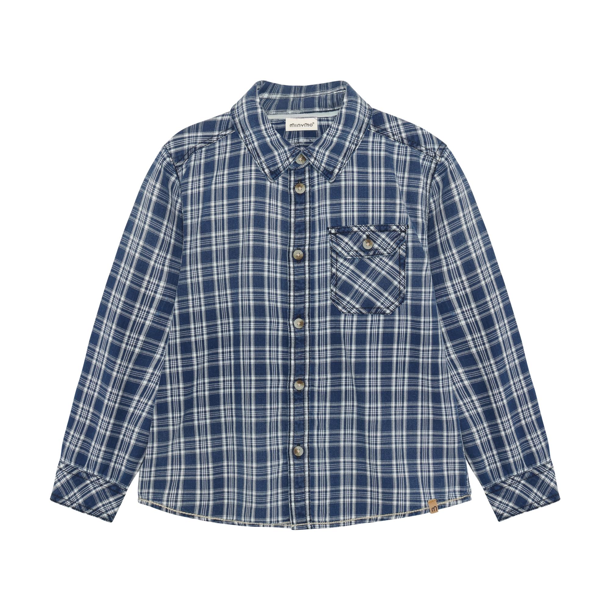 Minymo Kids long sleeve shirt in blue and white check pattern, with a collared neckline and buttoned chest pocket.