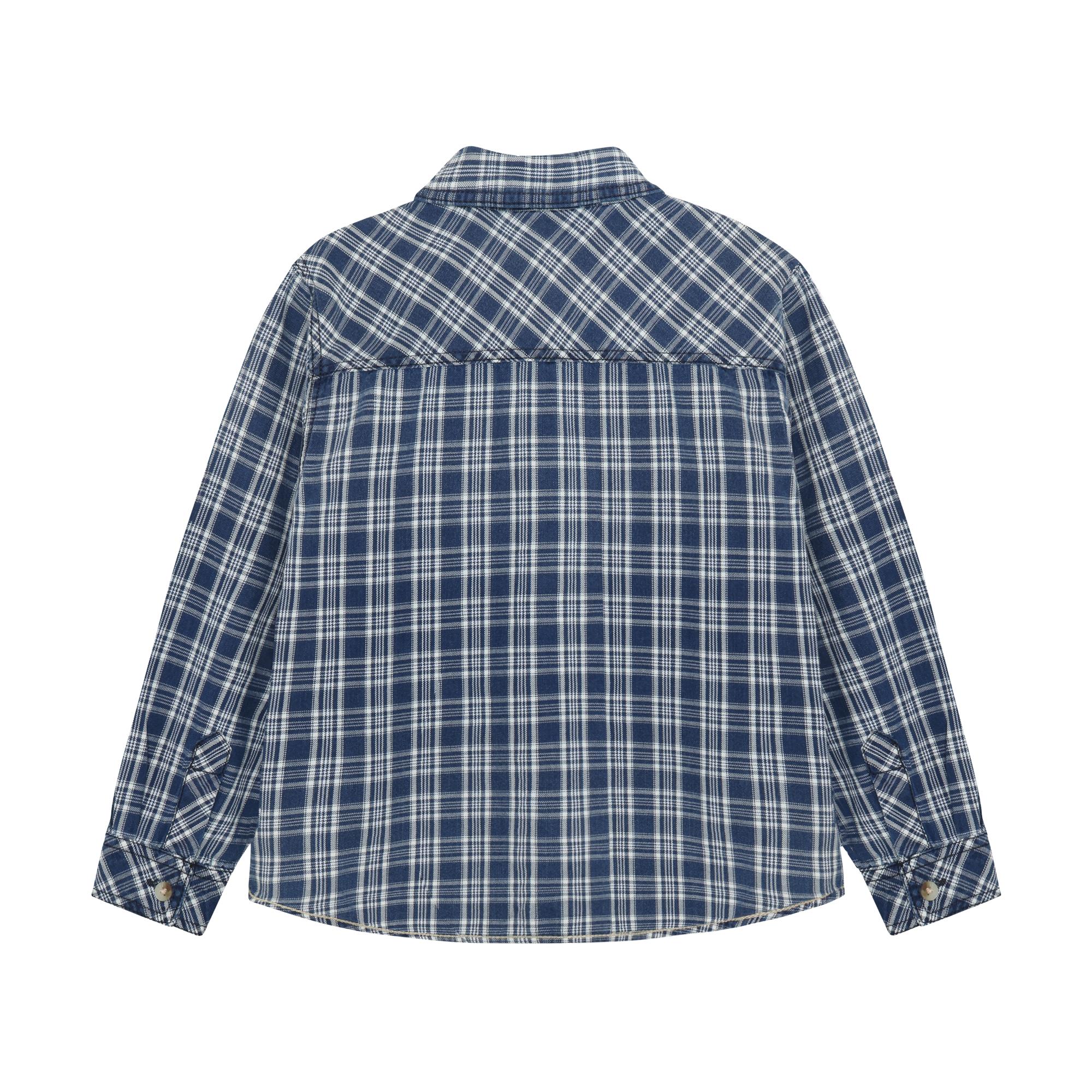 Back view of a blue and white long-sleeved plaid shirt with a collar, diagonal-patterned back yoke, and buttoned cuffs with l