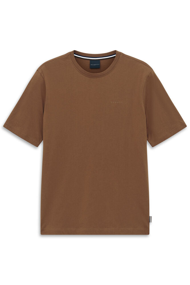 Cognac brown men's short sleeve t-shirt with a crew neck, subtle chest logo, and striped inner neck trim.