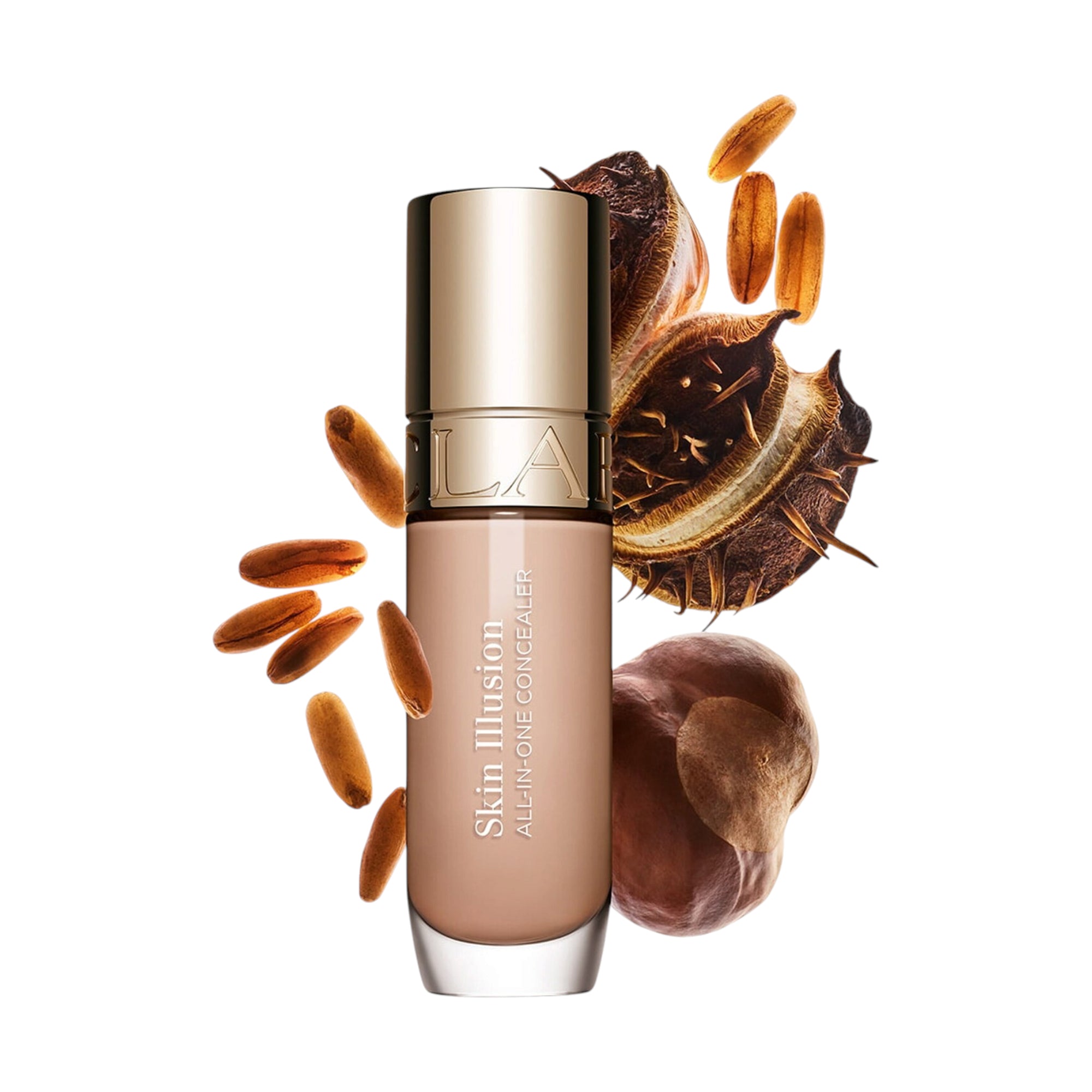 A light beige concealer in a clear glass bottle with a gold-toned cylindrical cap. "Skin Illusion ALL-IN-ONE CONCEALER" is pr
