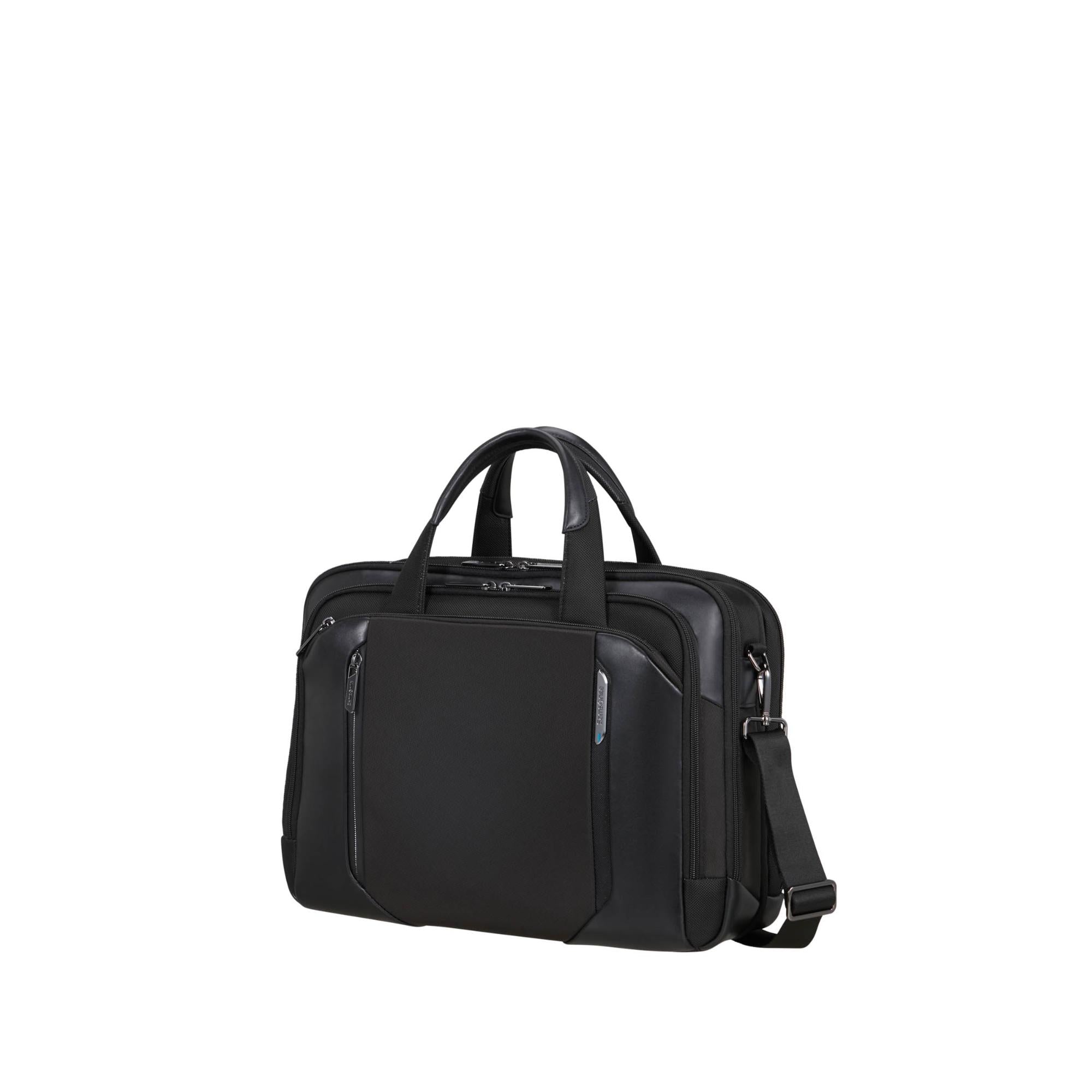 A black business laptop bag with dual top handles, a front zippered pocket, and a detachable shoulder strap, shown on a plain white background.