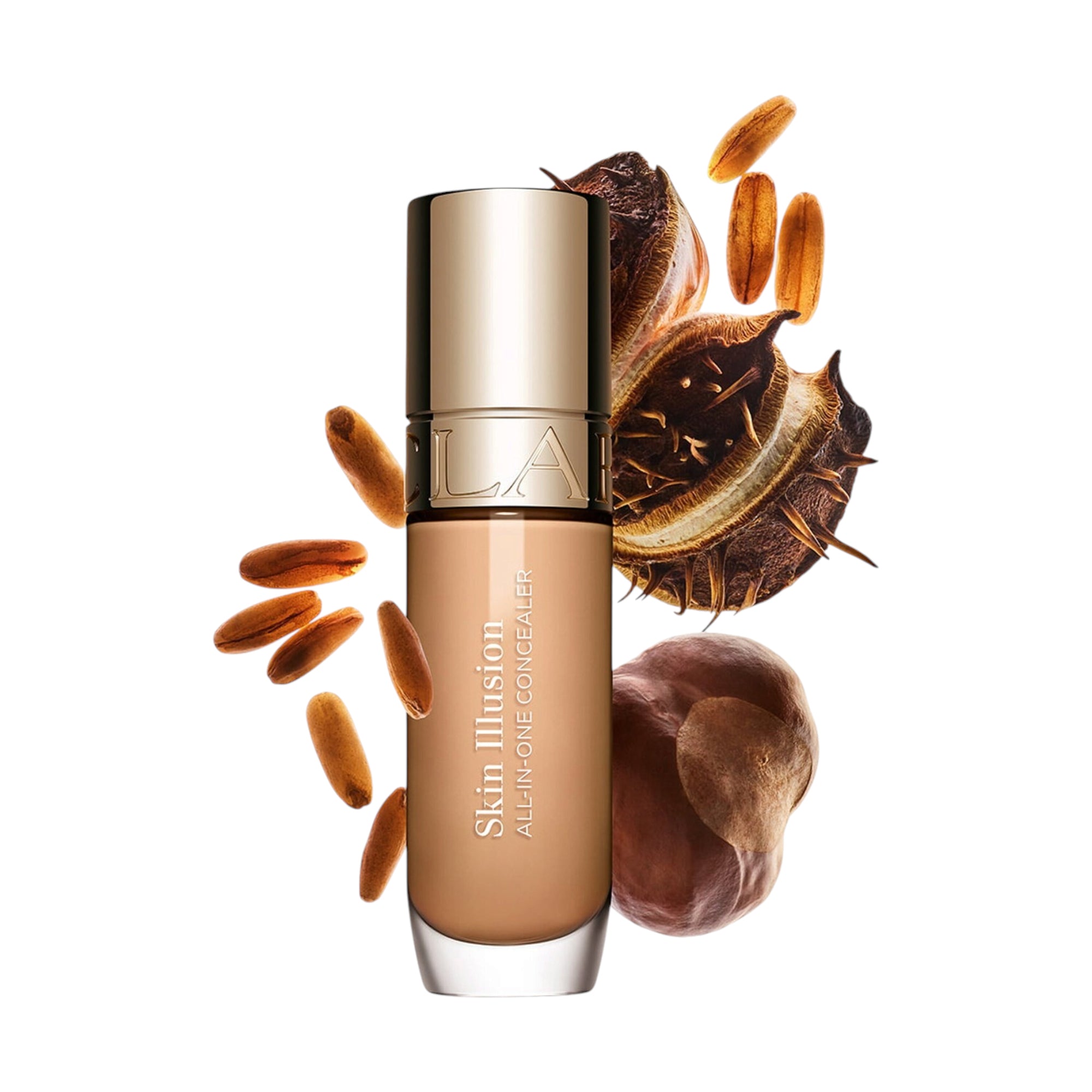 Tan concealer bottle with a clear glass base and gold-toned cap. White text reads 'Skin Illusion ALL-IN-ONE CONCEALER'.