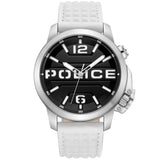 Police Automated Gents Black Dial Silver Case White Leather Strap Watch