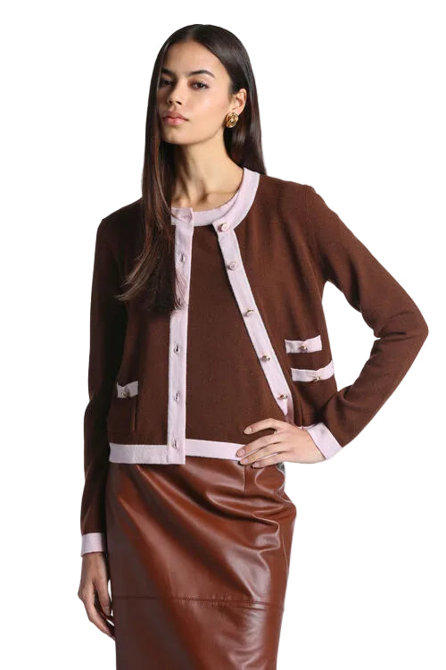 Chestnut pink knit cardigan with round neck, long sleeves, contrasting light pink trim, and gold-toned buttons.