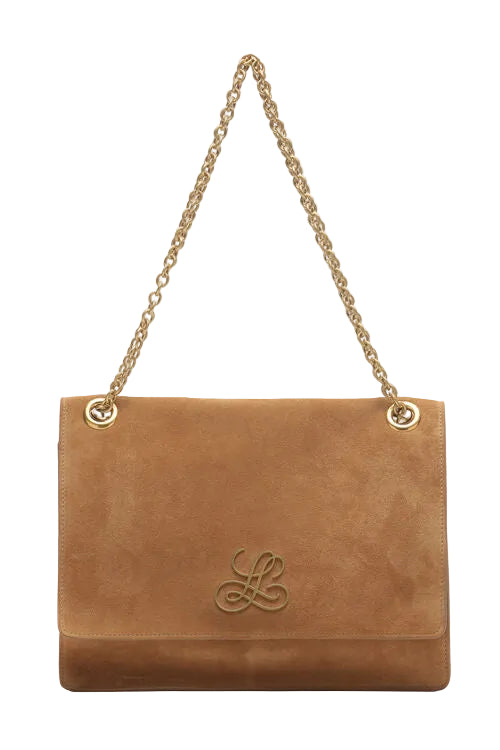 Caramel soft-touch flap shoulder bag with gold-toned chain strap and interlocking 'L' logo on the front.