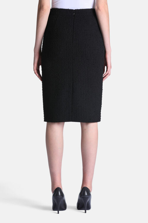 Black knee-length pencil skirt in textured tweed fabric with a back zipper.