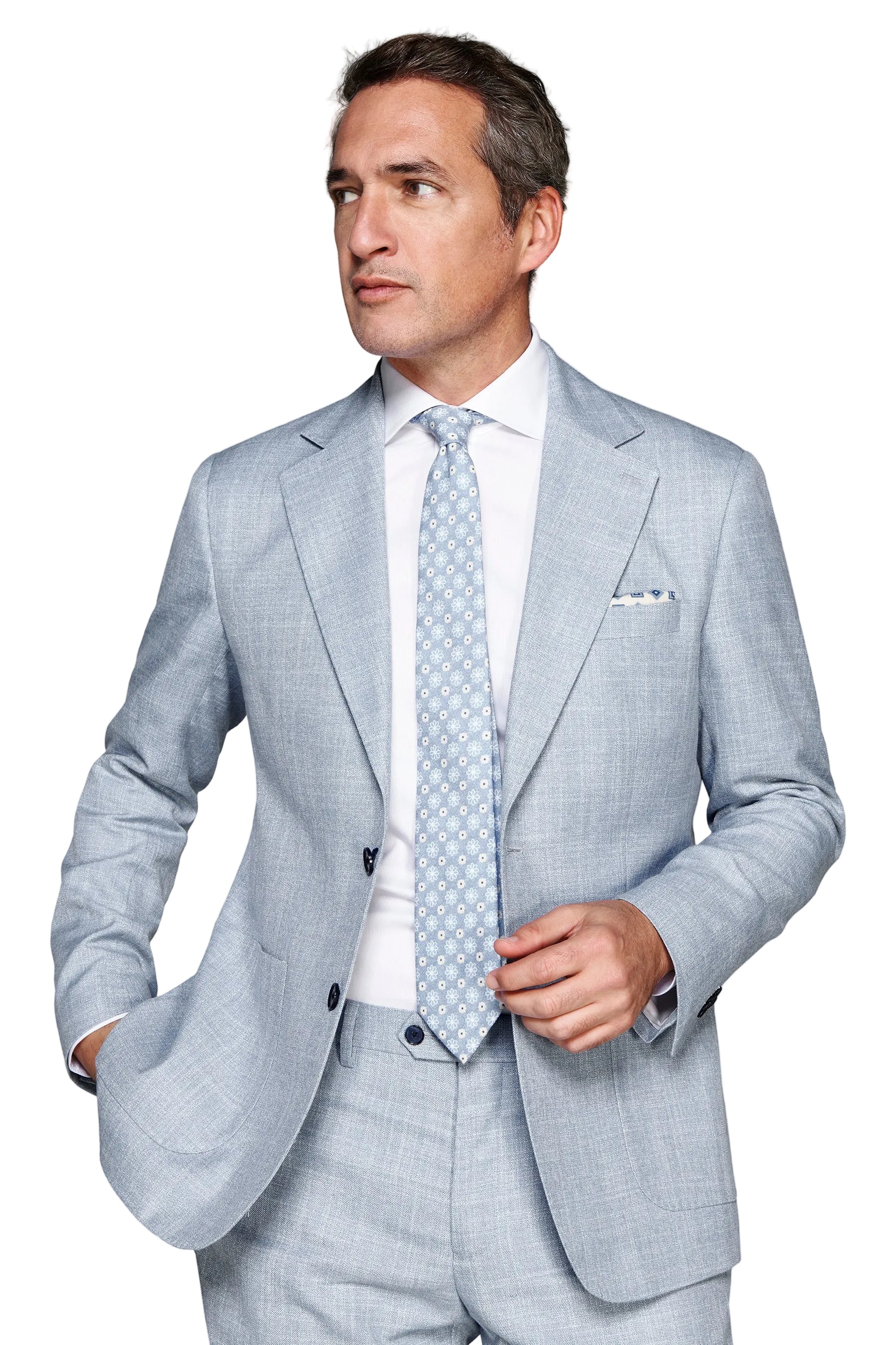 Light blue single-breasted modular jacket with notch lapels, two-button closure, and flap pockets.