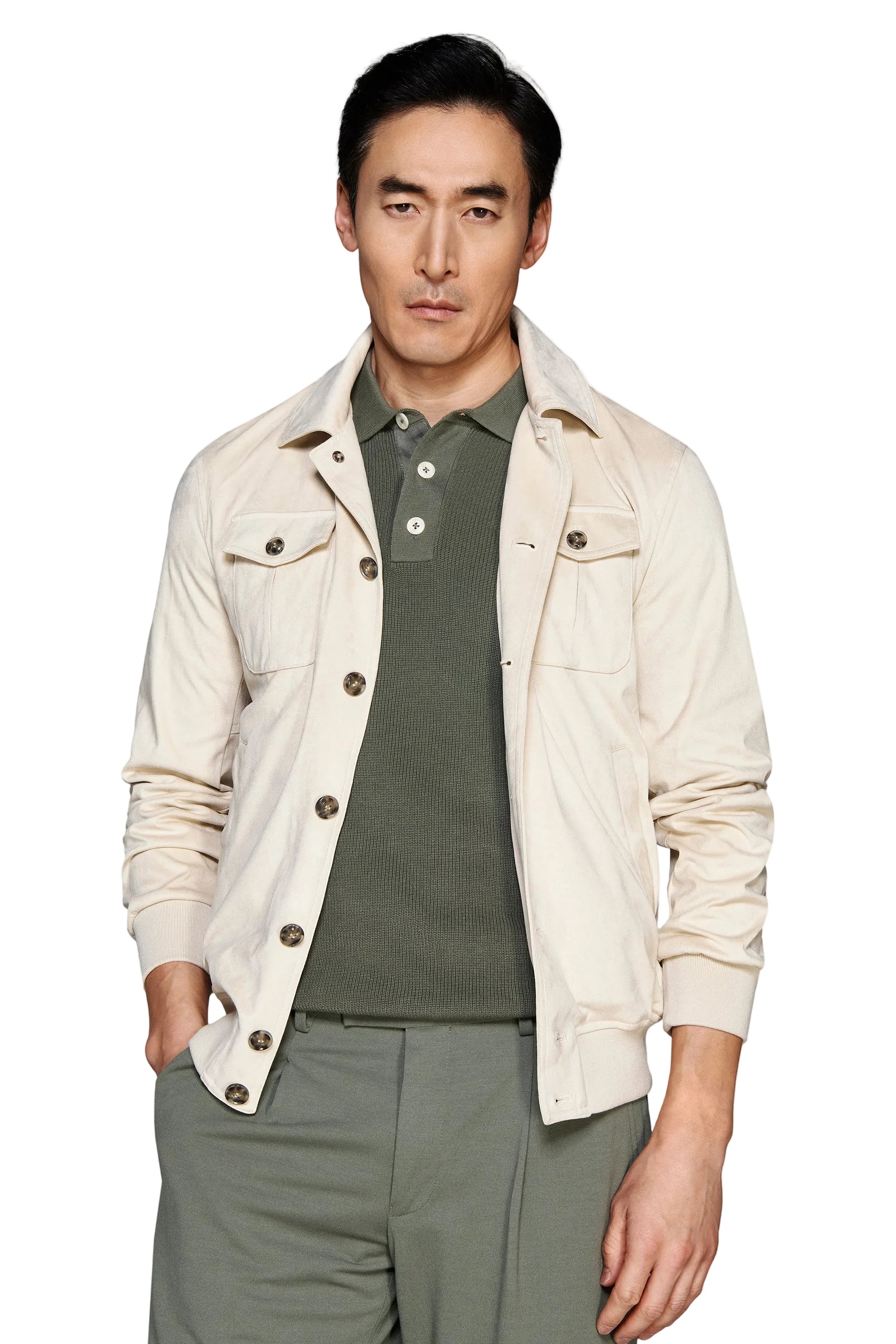 Light beige collared bomber jacket with button-front closure, two chest flap pockets, and ribbed cuffs and hem.