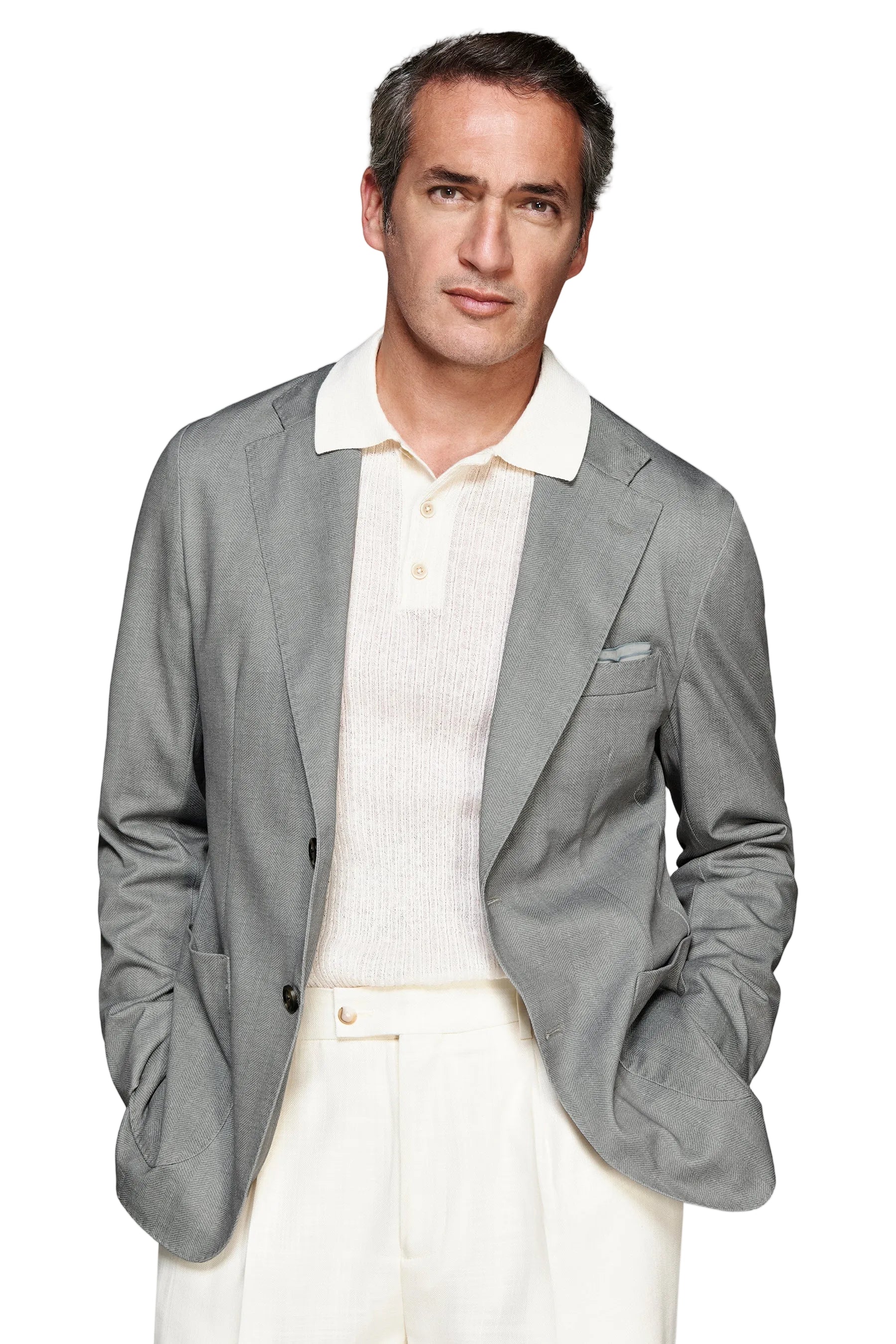 Light grey single-breasted blazer with notched lapels, two patch pockets, and a welt chest pocket.