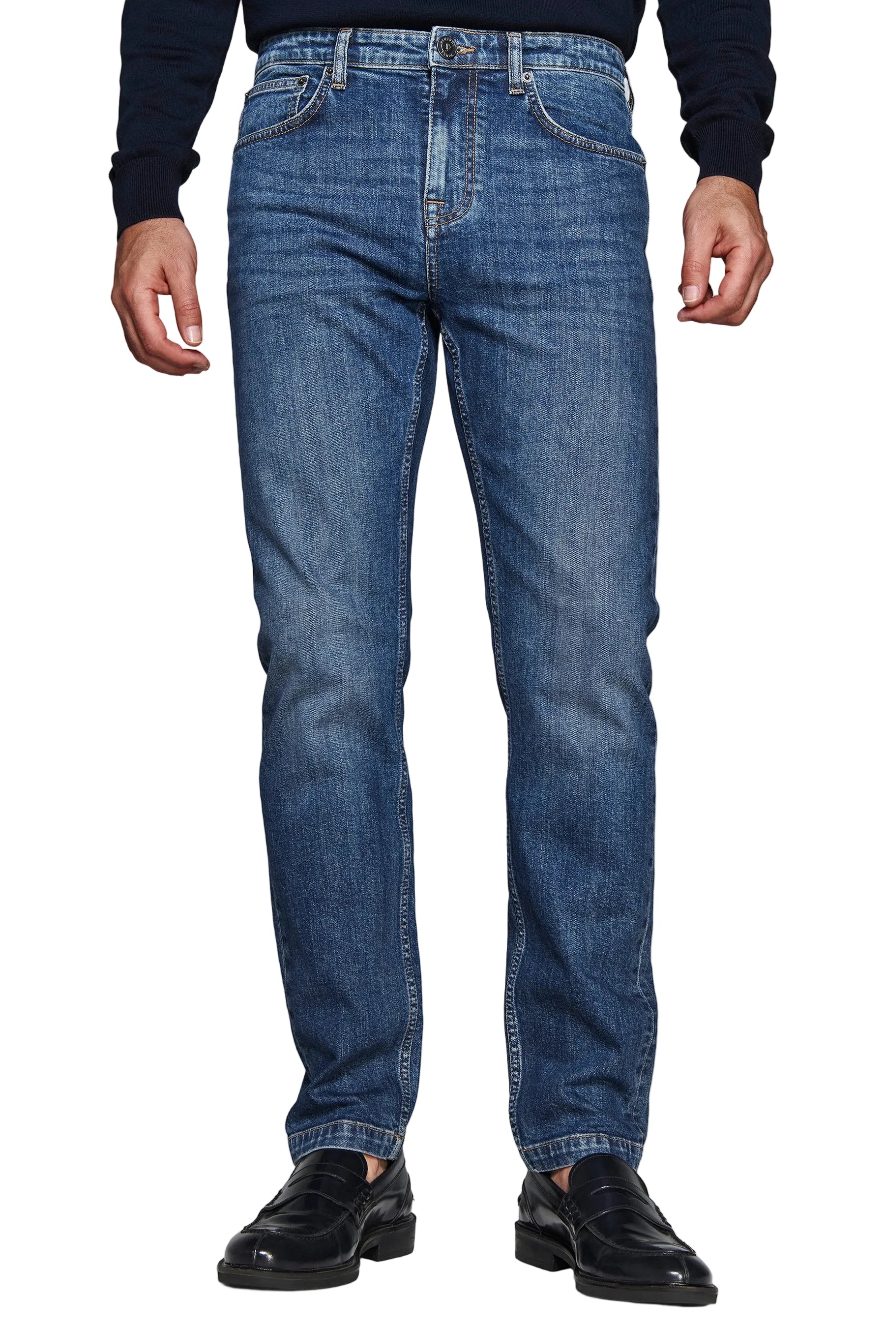 Mid-blue straight-leg denim trousers with five pockets, belt loops, and a button and zip fly closure.