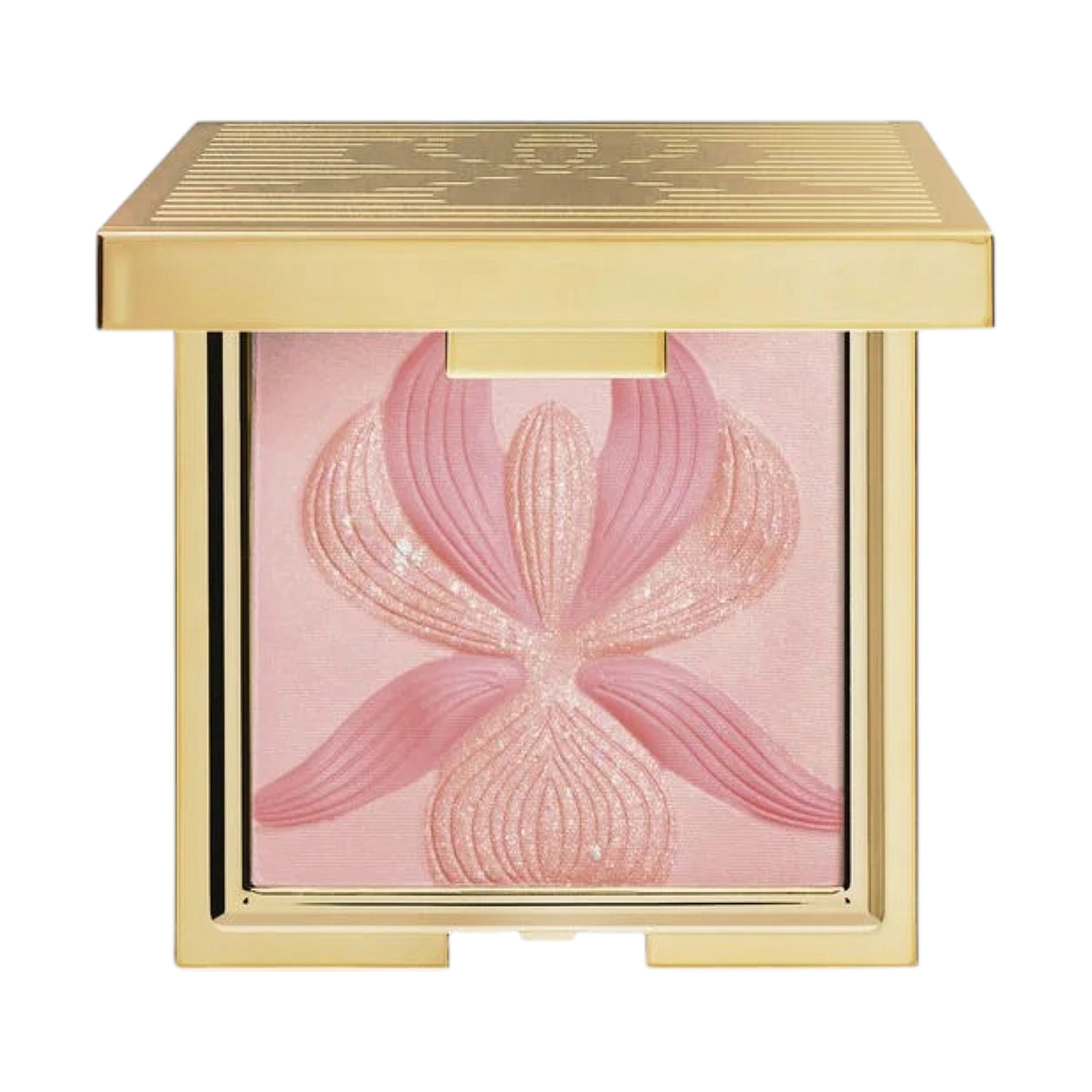 Pink compact powder with an embossed floral design in a gold-toned square case.