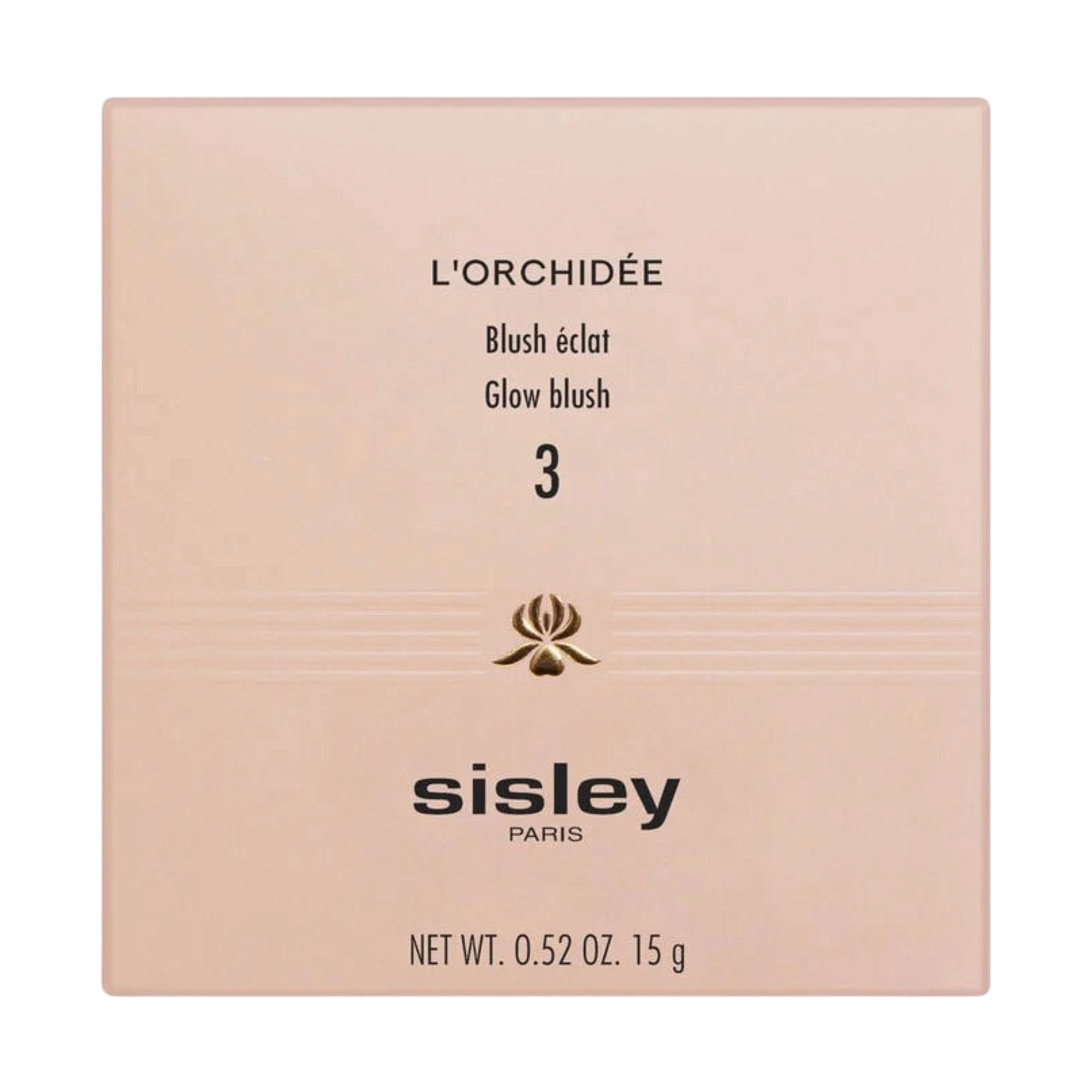 Light peachy-pink square blush compact with black text and a gold-toned orchid emblem.