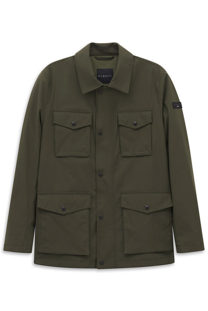 Olive green men's collared jacket with four button-flap pockets and a brand patch on the left sleeve.