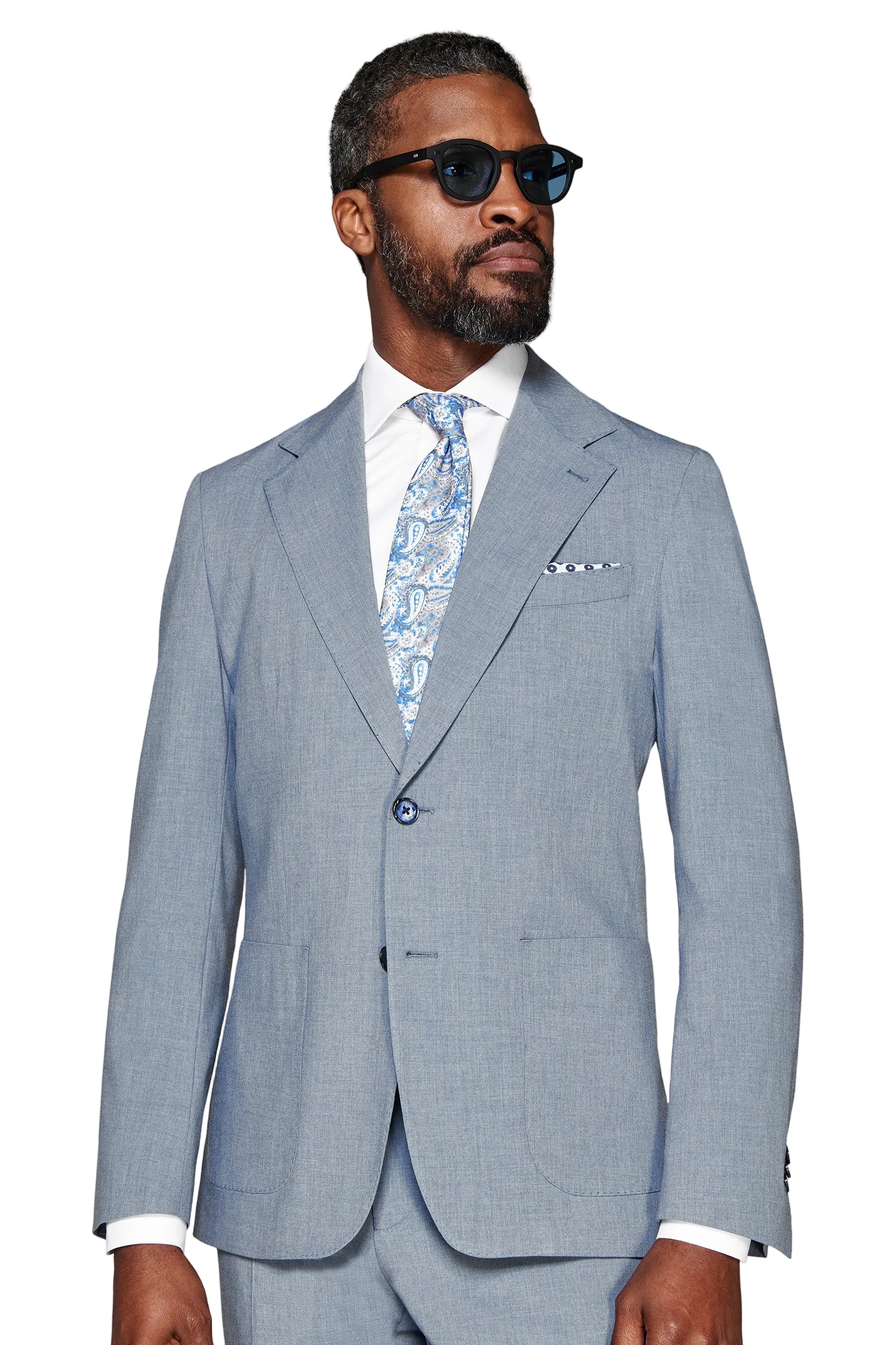 Light blue single-breasted tailored jacket with notched lapels, two patch pockets, and a two-button closure.