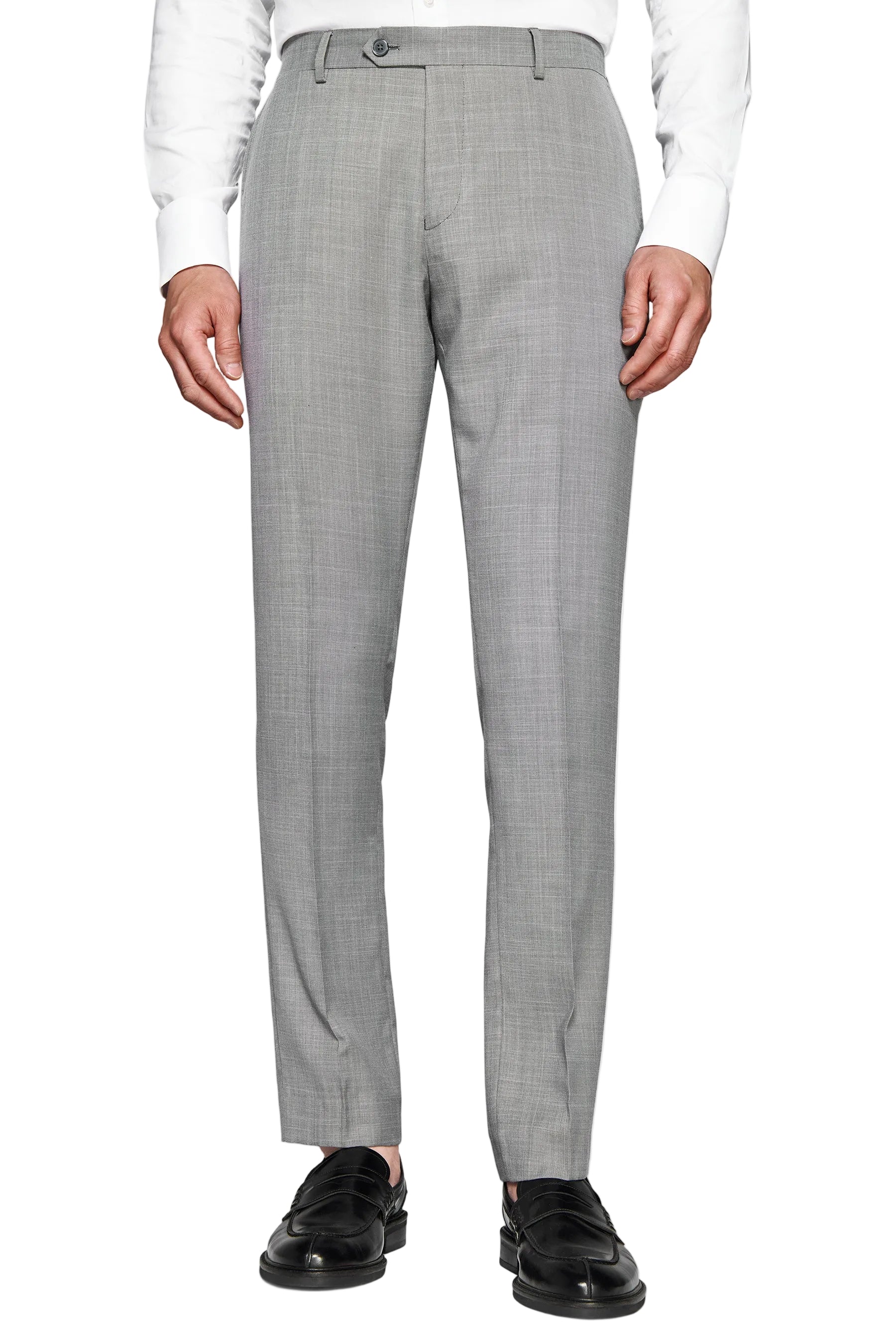 Light grey Dan John modular trousers with a straight leg, flat front, belt loops, and button and zip fly closure.