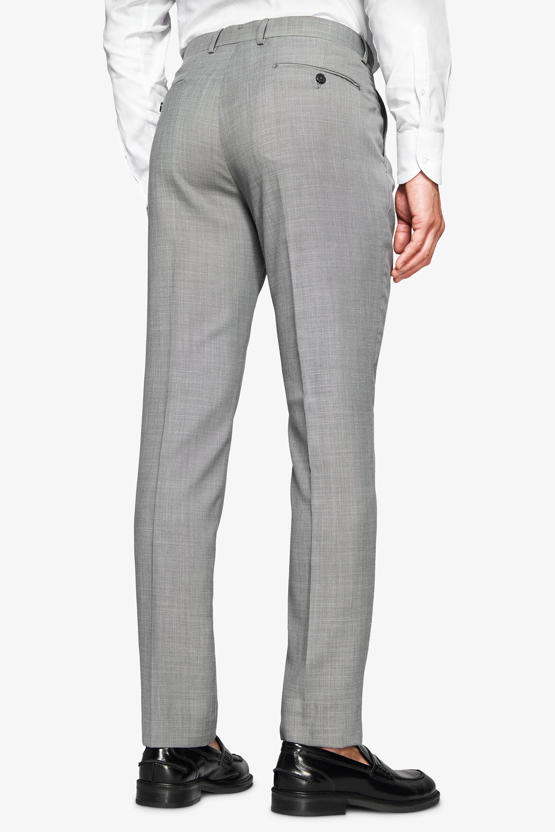 Light grey tailored pants with a subtle weave, belt loops, and a single buttoned welt pocket on the right rear.