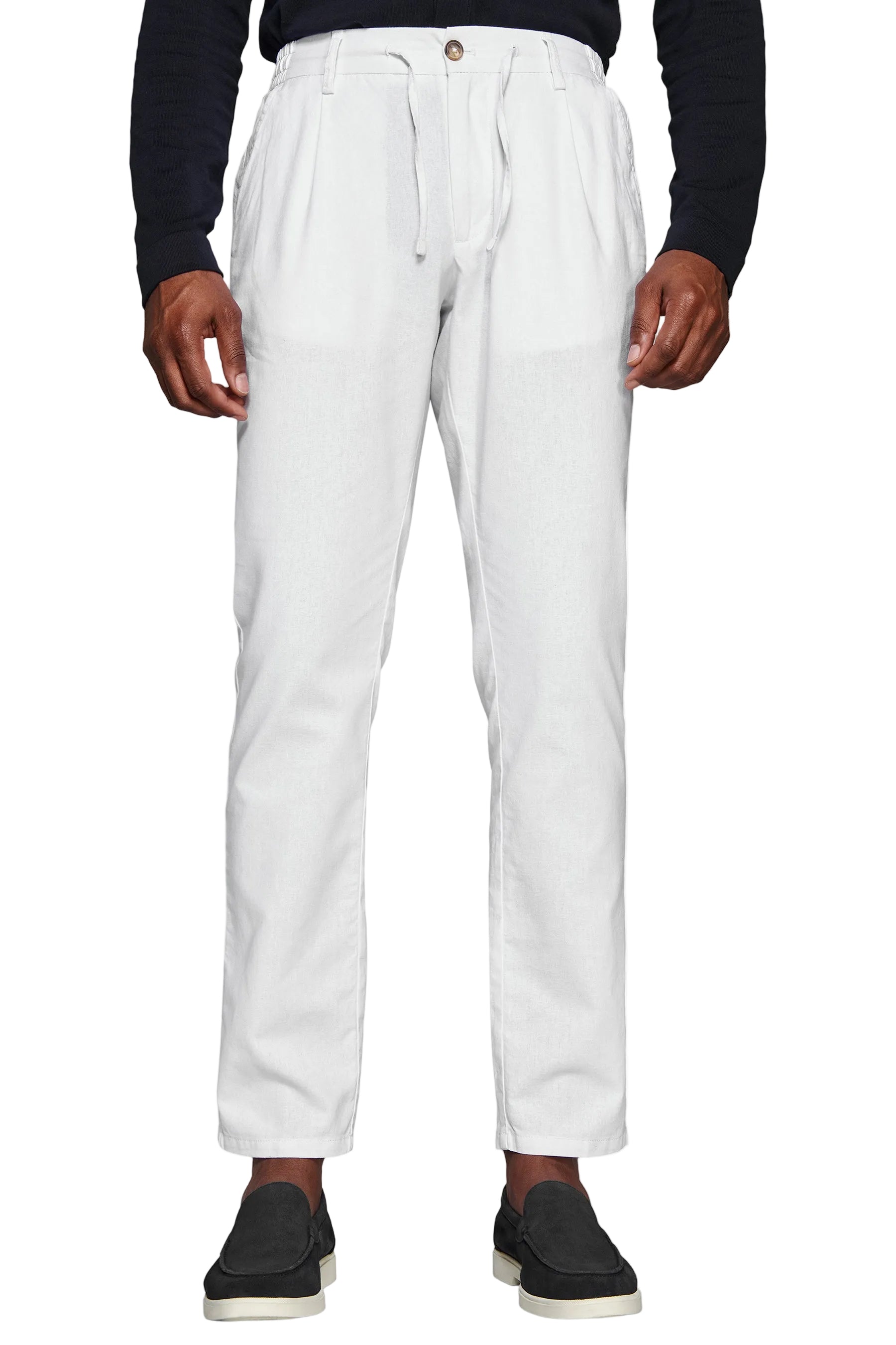 White pleated trousers with a drawstring waist and straight, cropped legs.