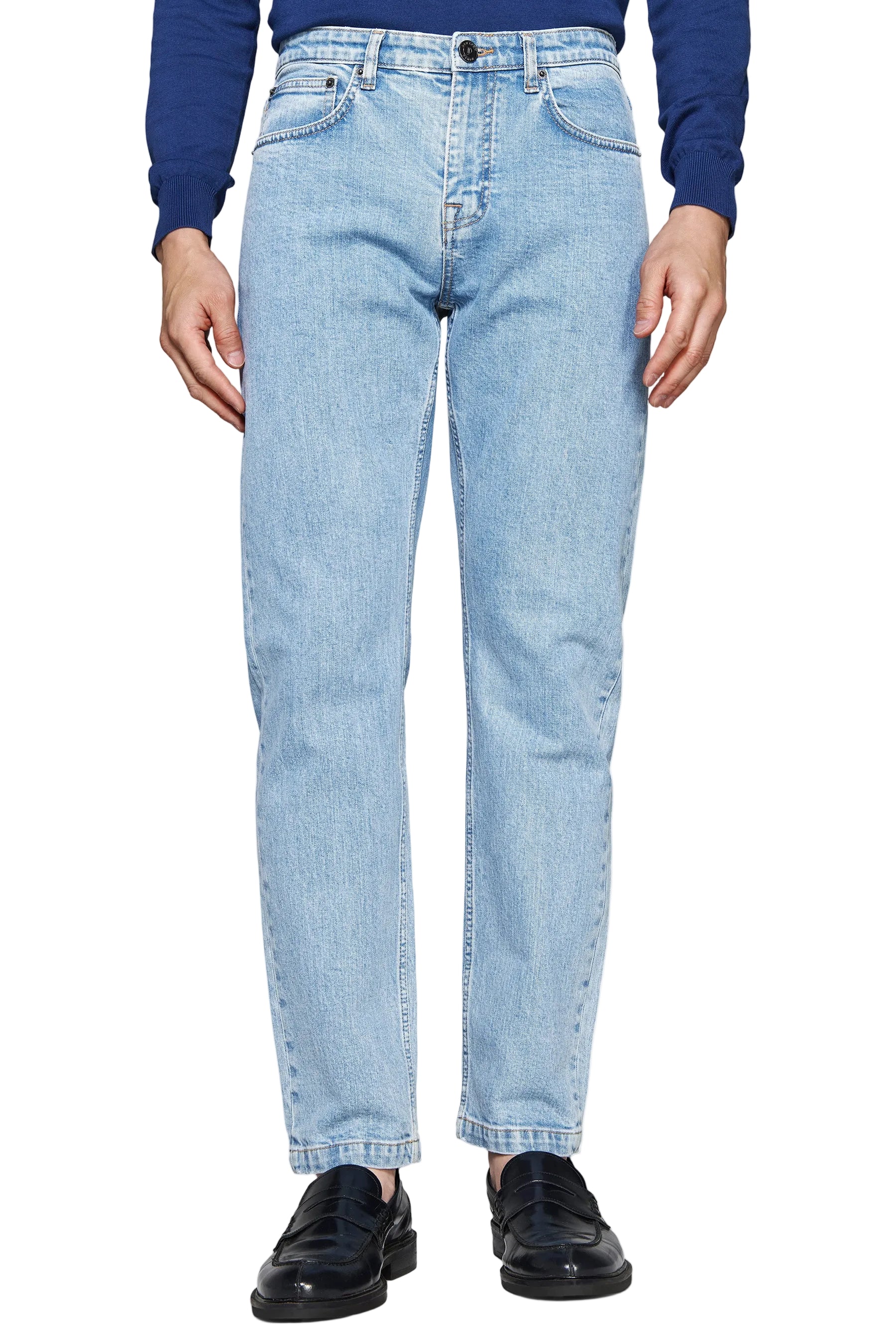 Light blue relaxed-fit denim trousers with a five-pocket design, button and zip fly, and belt loops.
