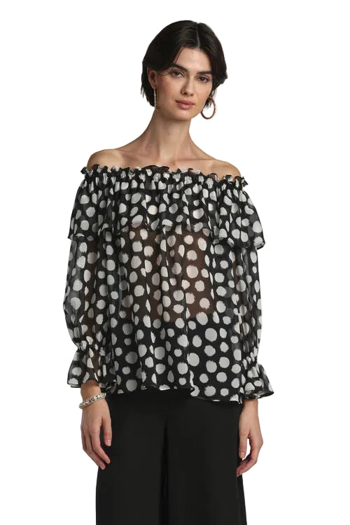 Black off-shoulder blouse with white irregular polka dots, ruffled neckline, and elasticated ruffled cuffs.