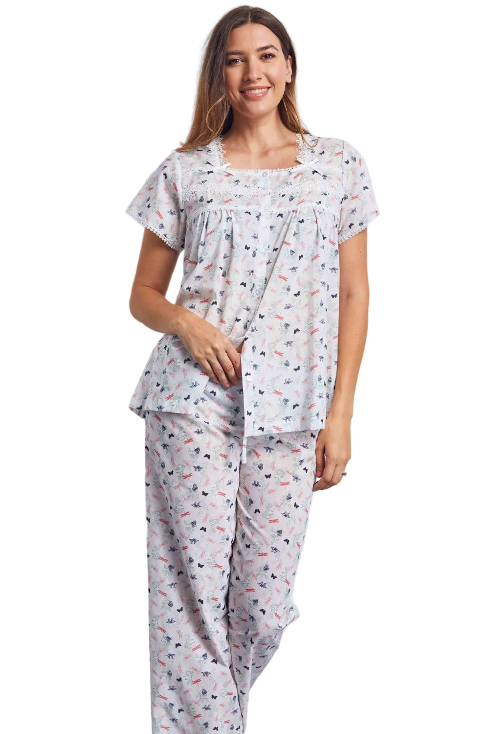 Light-coloured Voile pyjama set with short-sleeved button-up top and full-length trousers, featuring a butterfly and flora pa