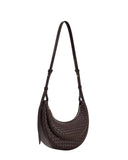 Black crescent crossbody bag with a woven front, smooth bottom, gold-toned zipper, and adjustable strap.